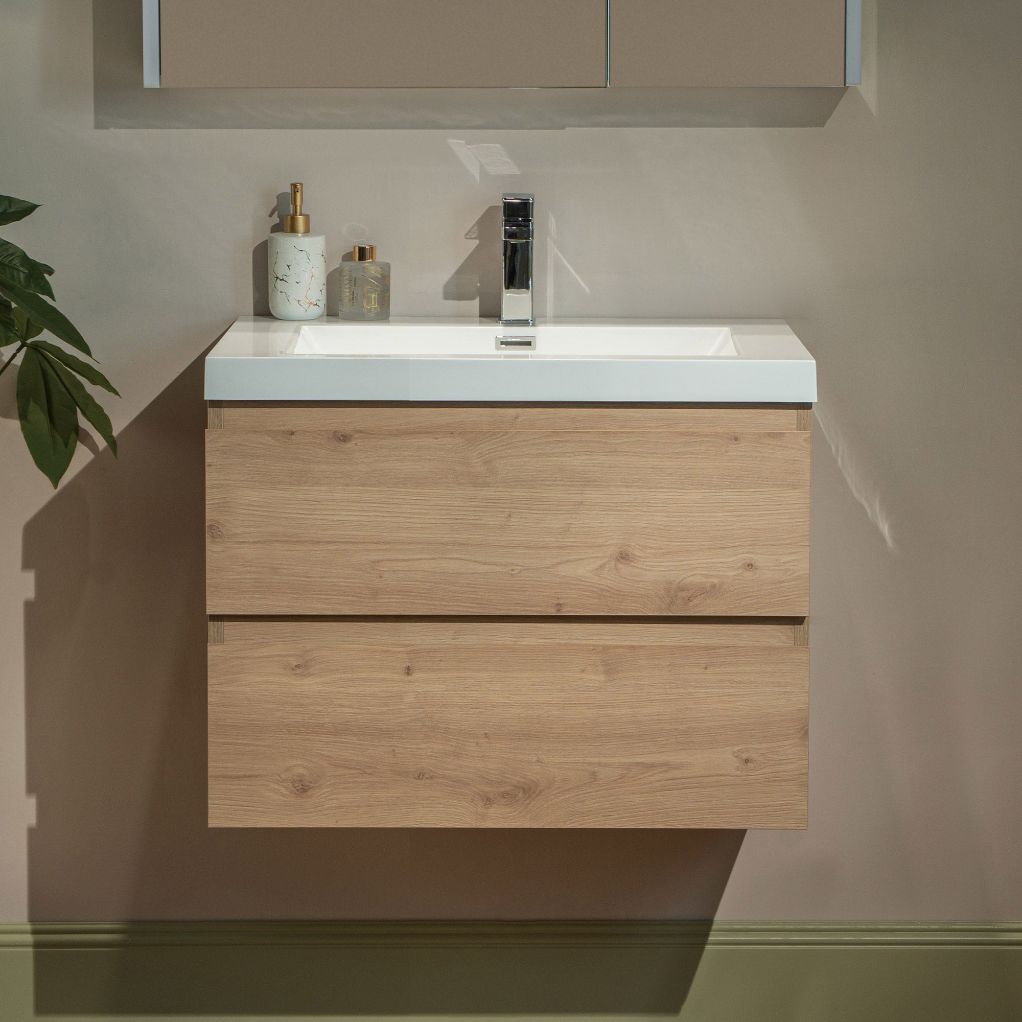 WOODBRIDGE 23-5/8 in. W x 19-5/8 in. D Wall Mounted Floating Vanity in Natural Oak with Resin Composite Vanity Top in Glossy White