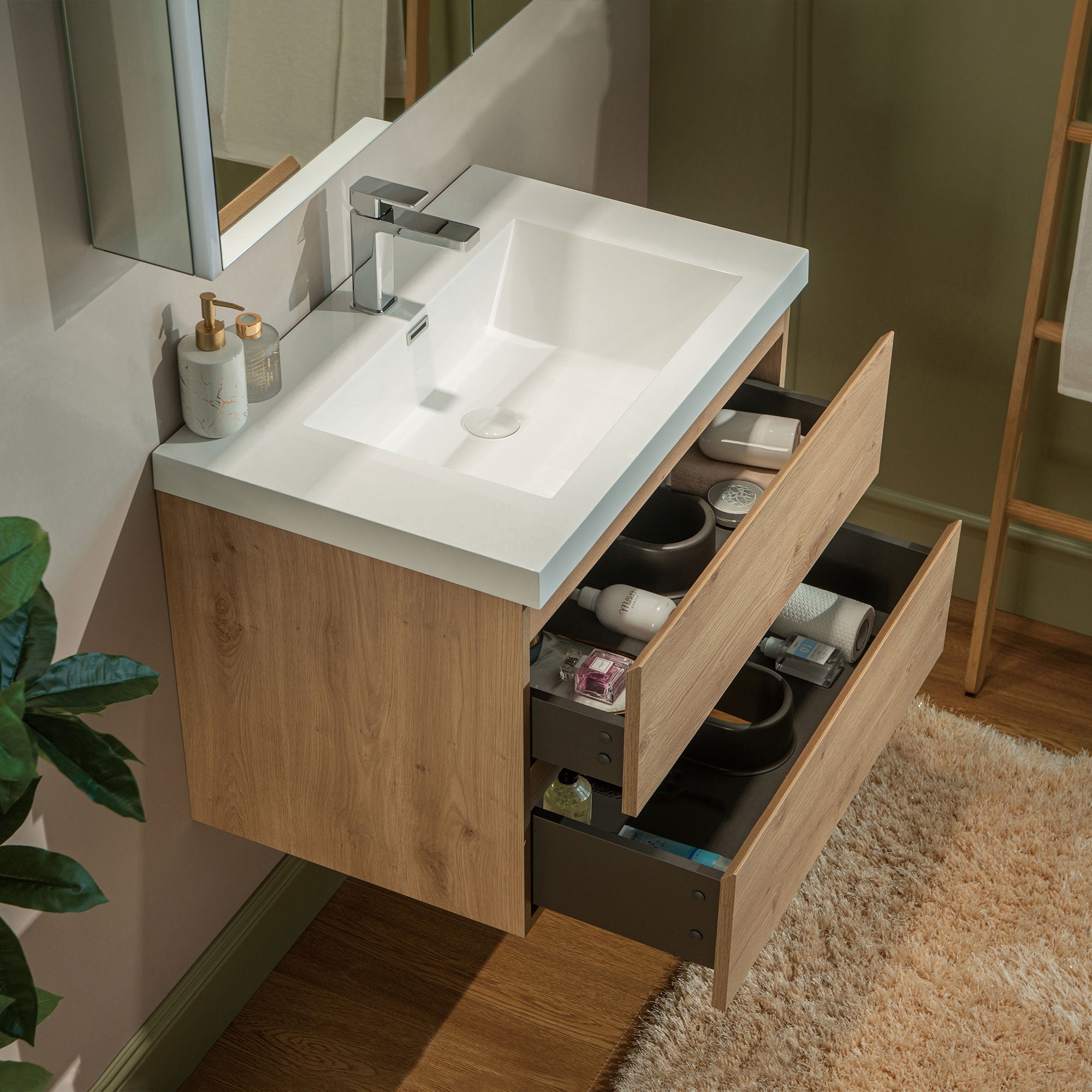 WOODBRIDGE 23-5/8 in. W x 19-5/8 in. D Wall Mounted Floating Vanity in Natural Oak with Resin Composite Vanity Top in Glossy White