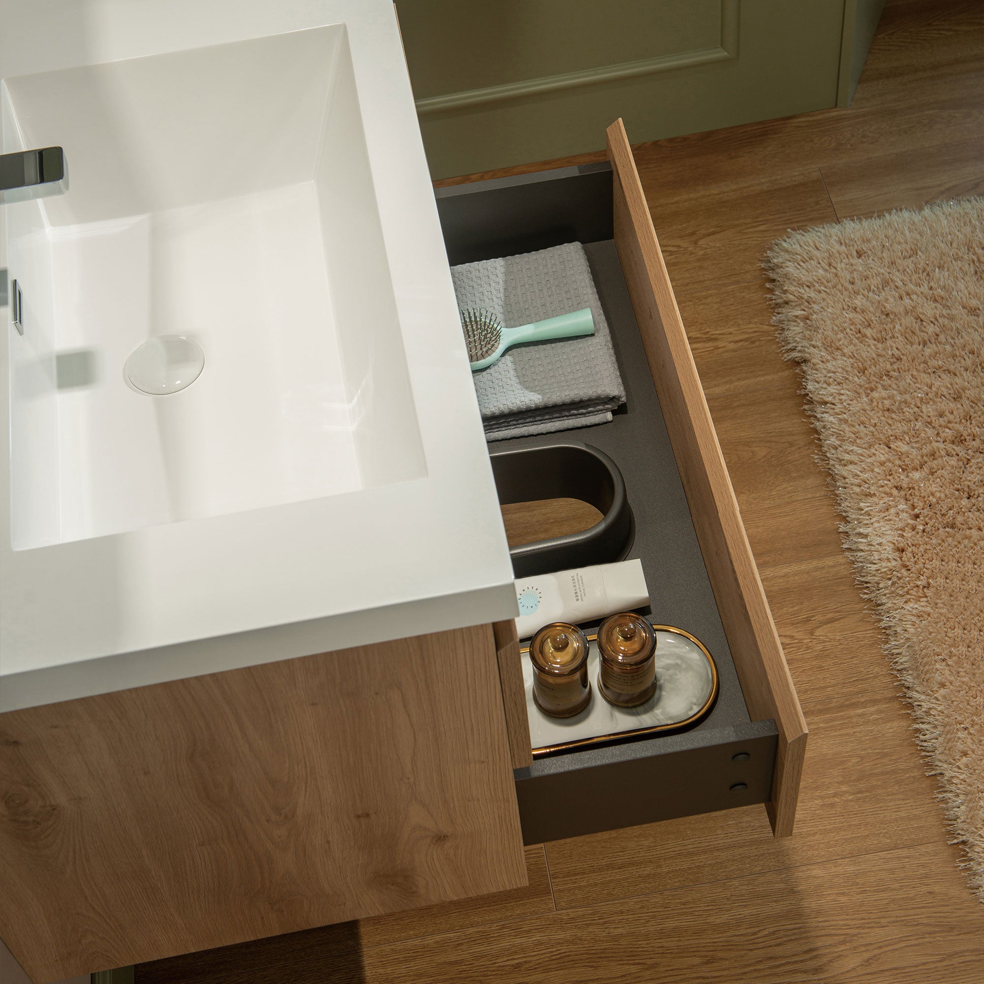 WOODBRIDGE 23-5/8 in. W x 19-5/8 in. D Wall Mounted Floating Vanity in Natural Oak with Resin Composite Vanity Top in Glossy White