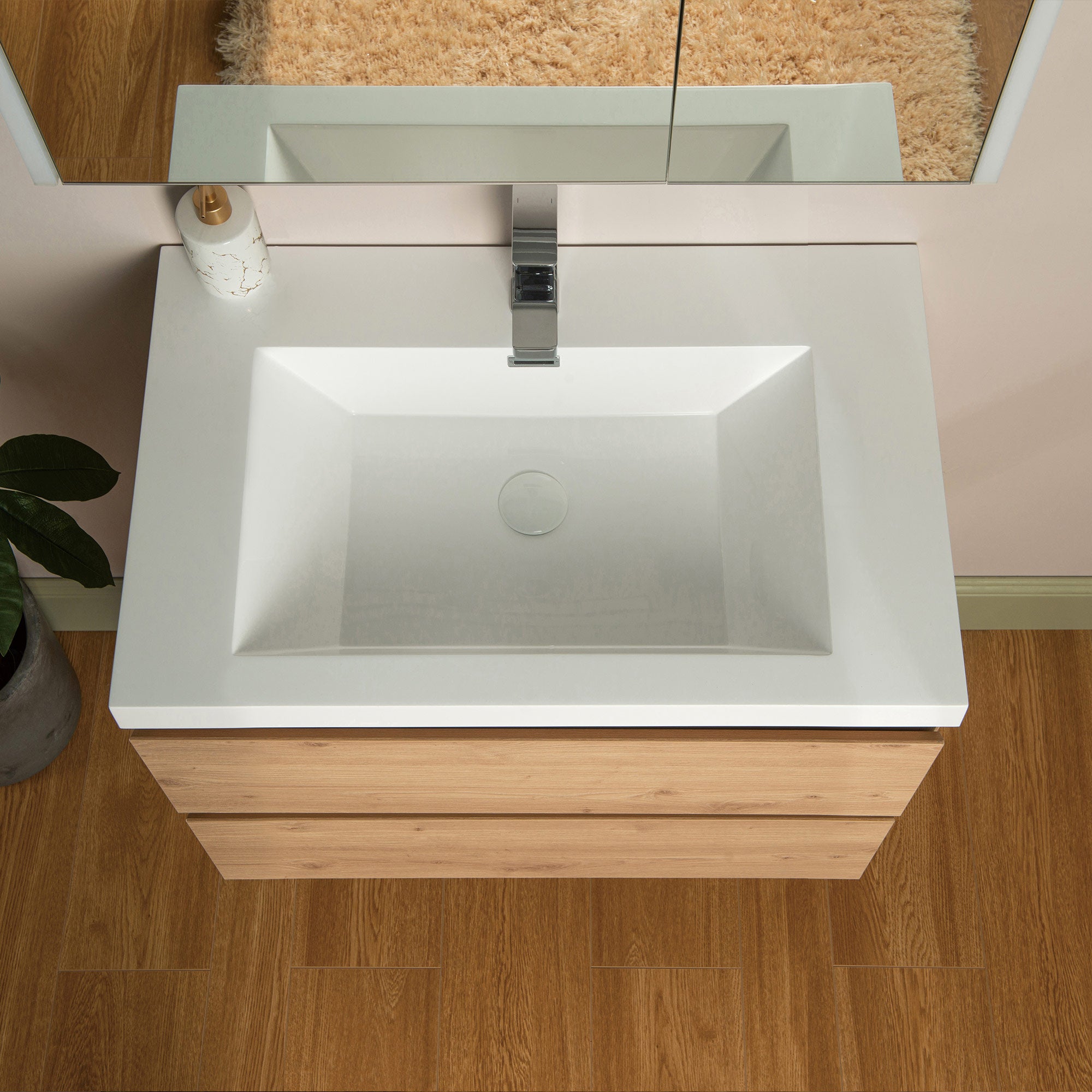 WOODBRIDGE 23-5/8 in. W x 19-5/8 in. D Wall Mounted Floating Vanity in Natural Oak with Resin Composite Vanity Top in Glossy White
