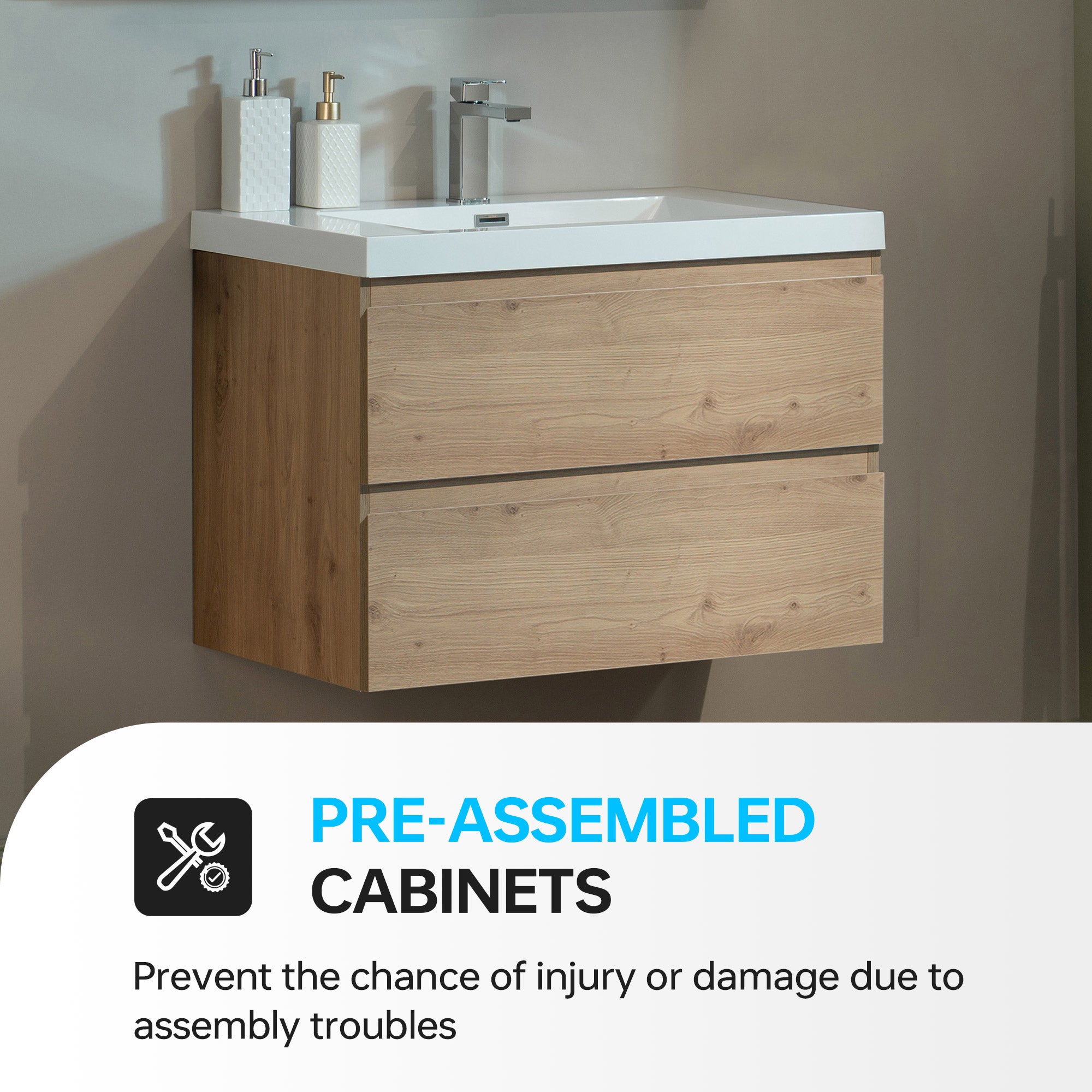 WOODBRIDGE 23-5/8 in. W x 19-5/8 in. D Wall Mounted Floating Vanity in Natural Oak with Resin Composite Vanity Top in Glossy White