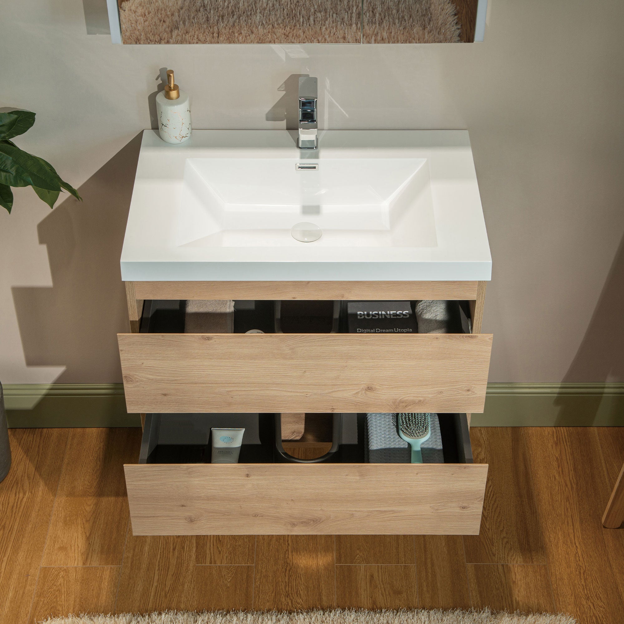 WOODBRIDGE 23-5/8 in. W x 19-5/8 in. D Wall Mounted Floating Vanity in Natural Oak with Resin Composite Vanity Top in Glossy White