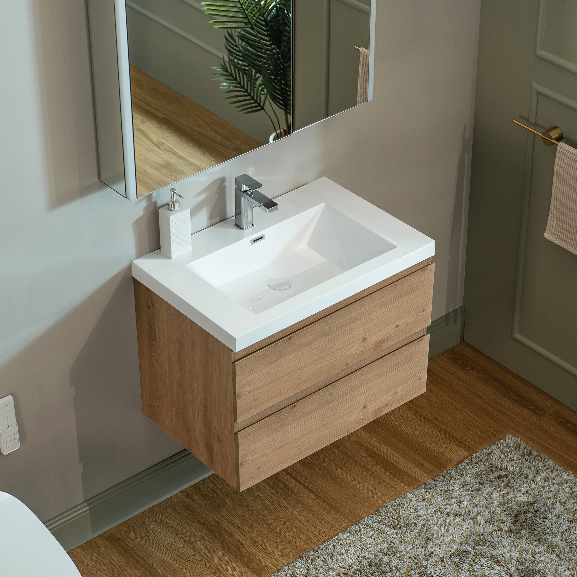 WOODBRIDGE 23-5/8 in. W x 19-5/8 in. D Wall Mounted Floating Vanity in Natural Oak with Resin Composite Vanity Top in Glossy White