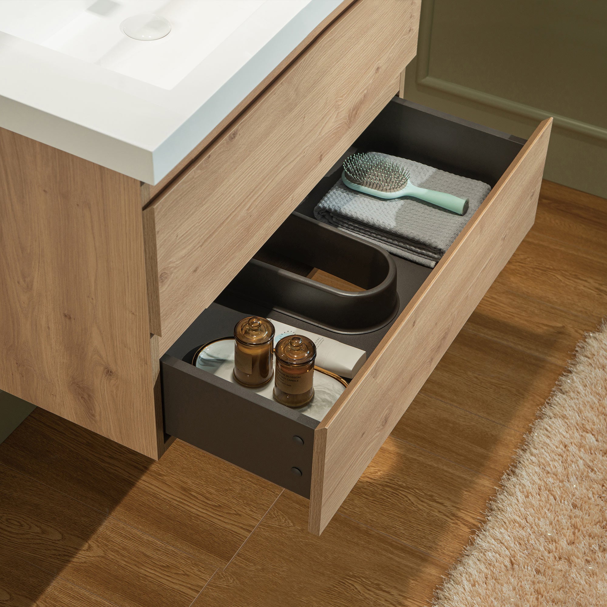WOODBRIDGE 23-5/8 in. W x 19-5/8 in. D Wall Mounted Floating Vanity in Natural Oak with Resin Composite Vanity Top in Glossy White