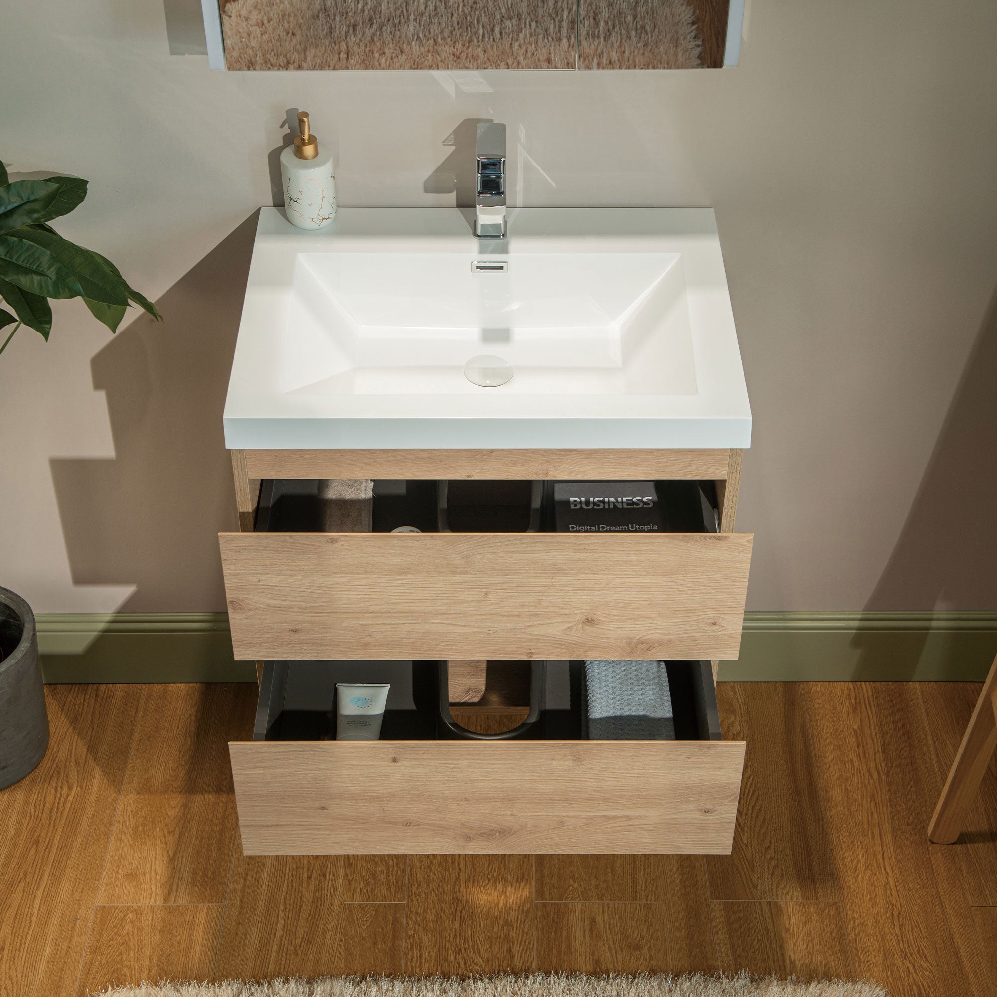 WOODBRIDGE 23-5/8 in. W x 19-5/8 in. D Wall Mounted Floating Vanity in Natural Oak with Resin Composite Vanity Top in Glossy White