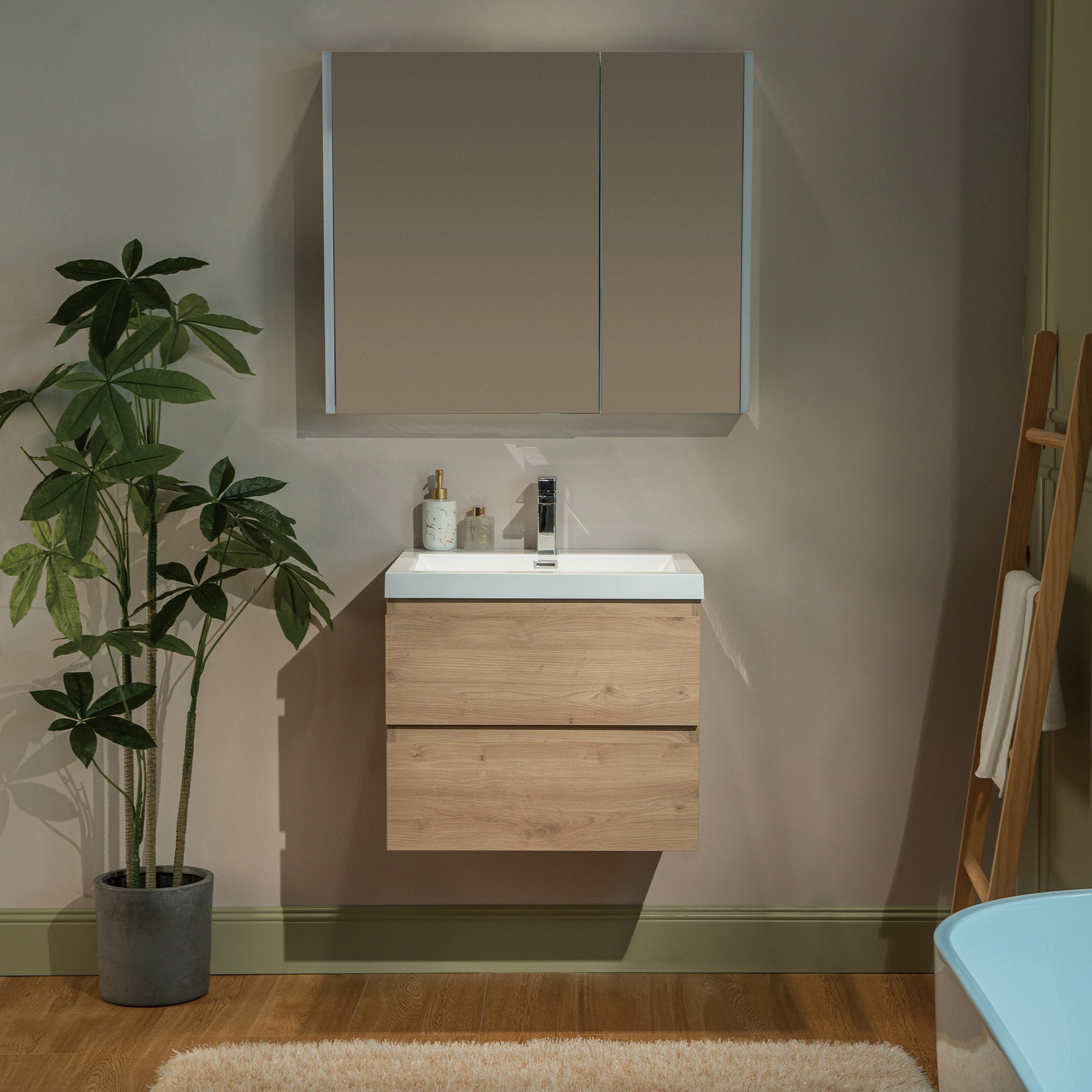 WOODBRIDGE 23-5/8 in. W x 19-5/8 in. D Wall Mounted Floating Vanity in Natural Oak with Resin Composite Vanity Top in Glossy White