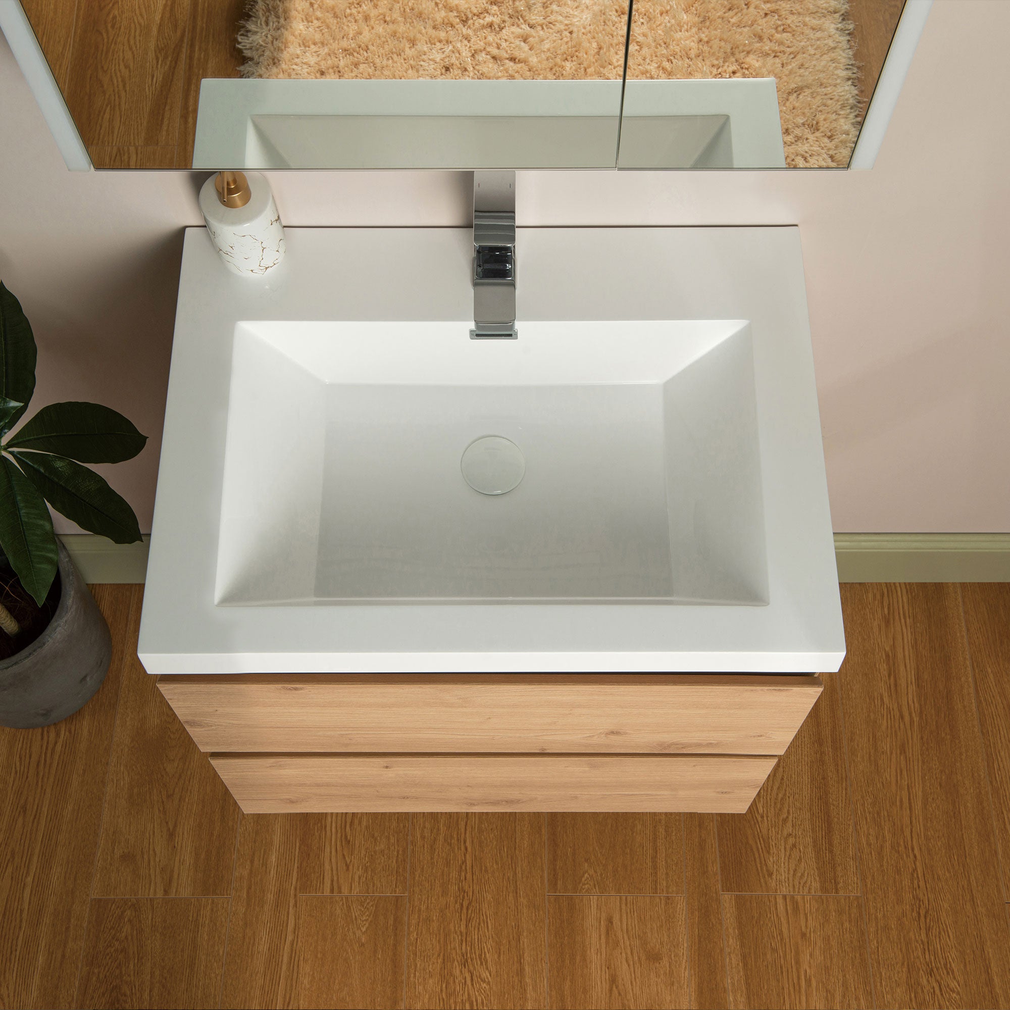 WOODBRIDGE 23-5/8 in. W x 19-5/8 in. D Wall Mounted Floating Vanity in Natural Oak with Resin Composite Vanity Top in Glossy White