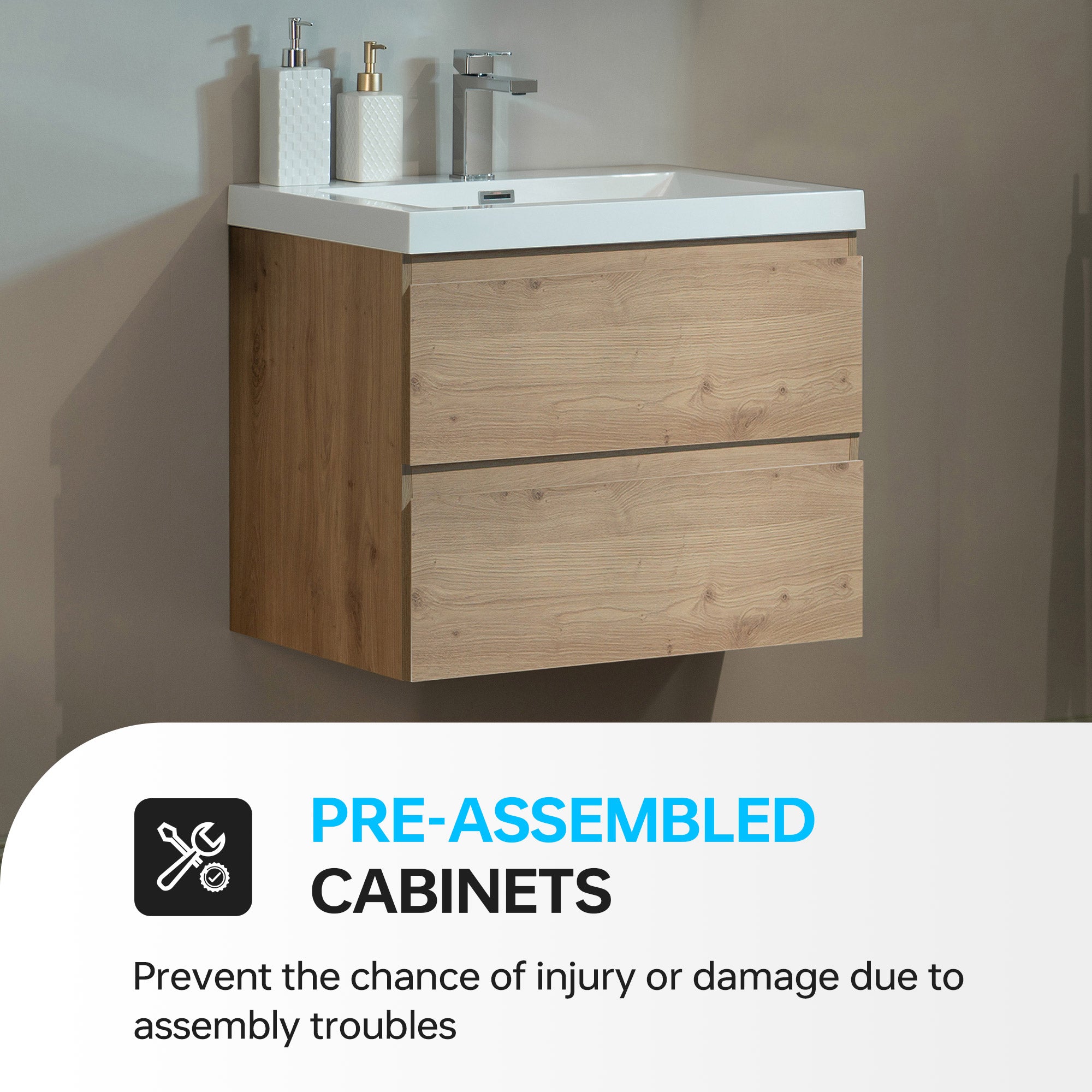 WOODBRIDGE 23-5/8 in. W x 19-5/8 in. D Wall Mounted Floating Vanity in Natural Oak with Resin Composite Vanity Top in Glossy White