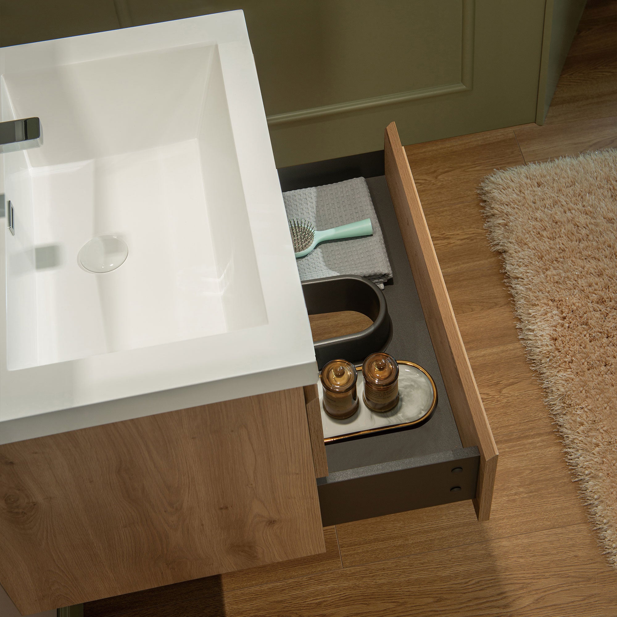 WOODBRIDGE 23-5/8 in. W x 19-5/8 in. D Wall Mounted Floating Vanity in Natural Oak with Resin Composite Vanity Top in Glossy White