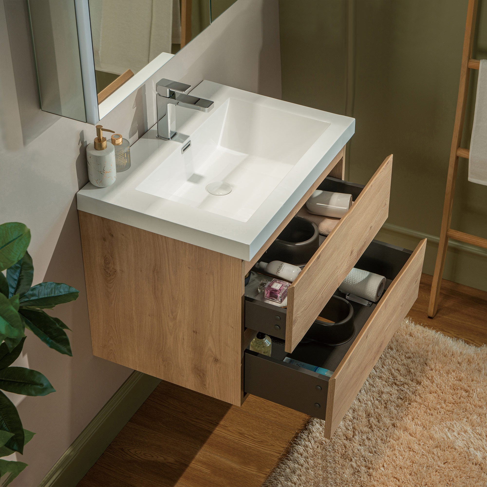 WOODBRIDGE 23-5/8 in. W x 19-5/8 in. D Wall Mounted Floating Vanity in Natural Oak with Resin Composite Vanity Top in Glossy White