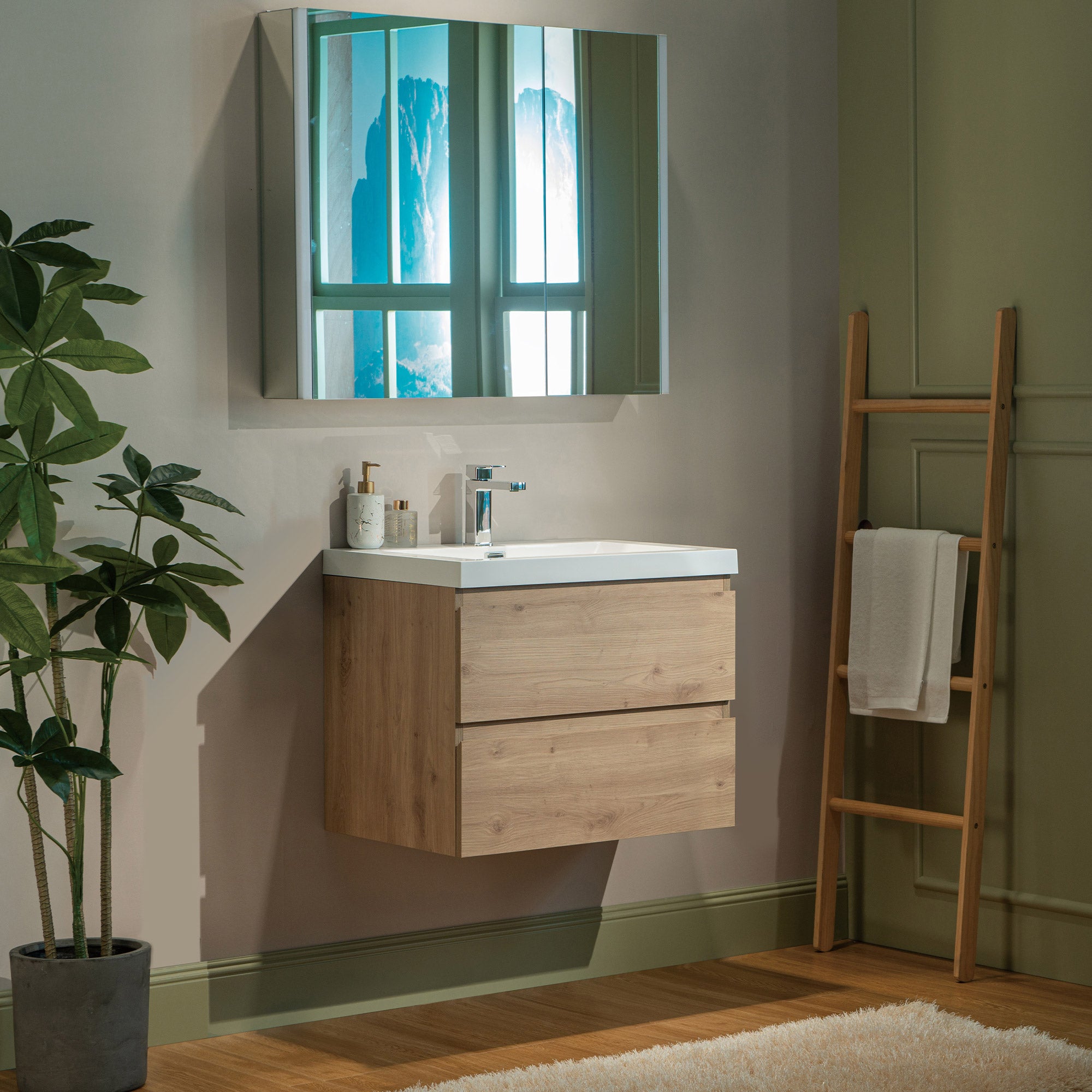 WOODBRIDGE 23-5/8 in. W x 19-5/8 in. D Wall Mounted Floating Vanity in Natural Oak with Resin Composite Vanity Top in Glossy White