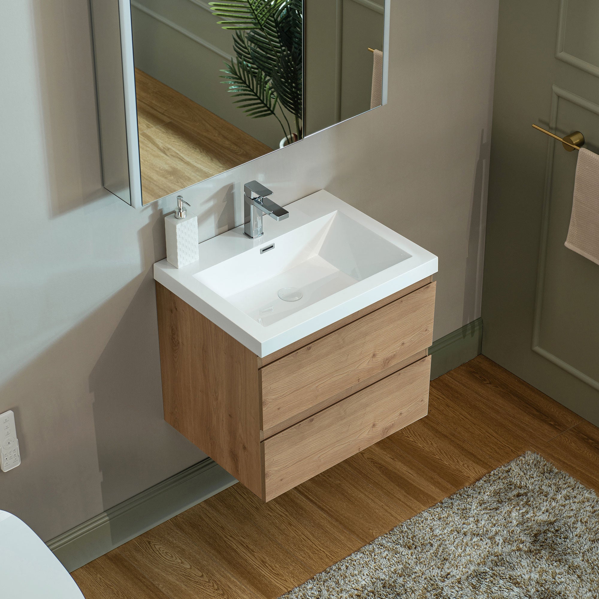 WOODBRIDGE 23-5/8 in. W x 19-5/8 in. D Wall Mounted Floating Vanity in Natural Oak with Resin Composite Vanity Top in Glossy White