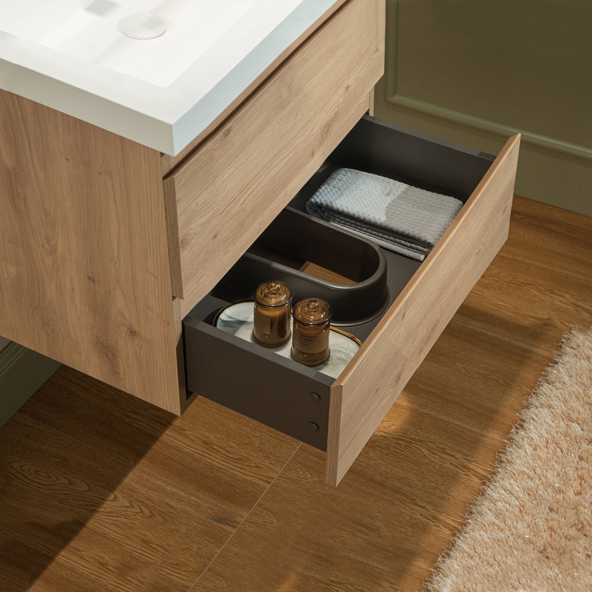 WOODBRIDGE 23-5/8 in. W x 19-5/8 in. D Wall Mounted Floating Vanity in Natural Oak with Resin Composite Vanity Top in Glossy White