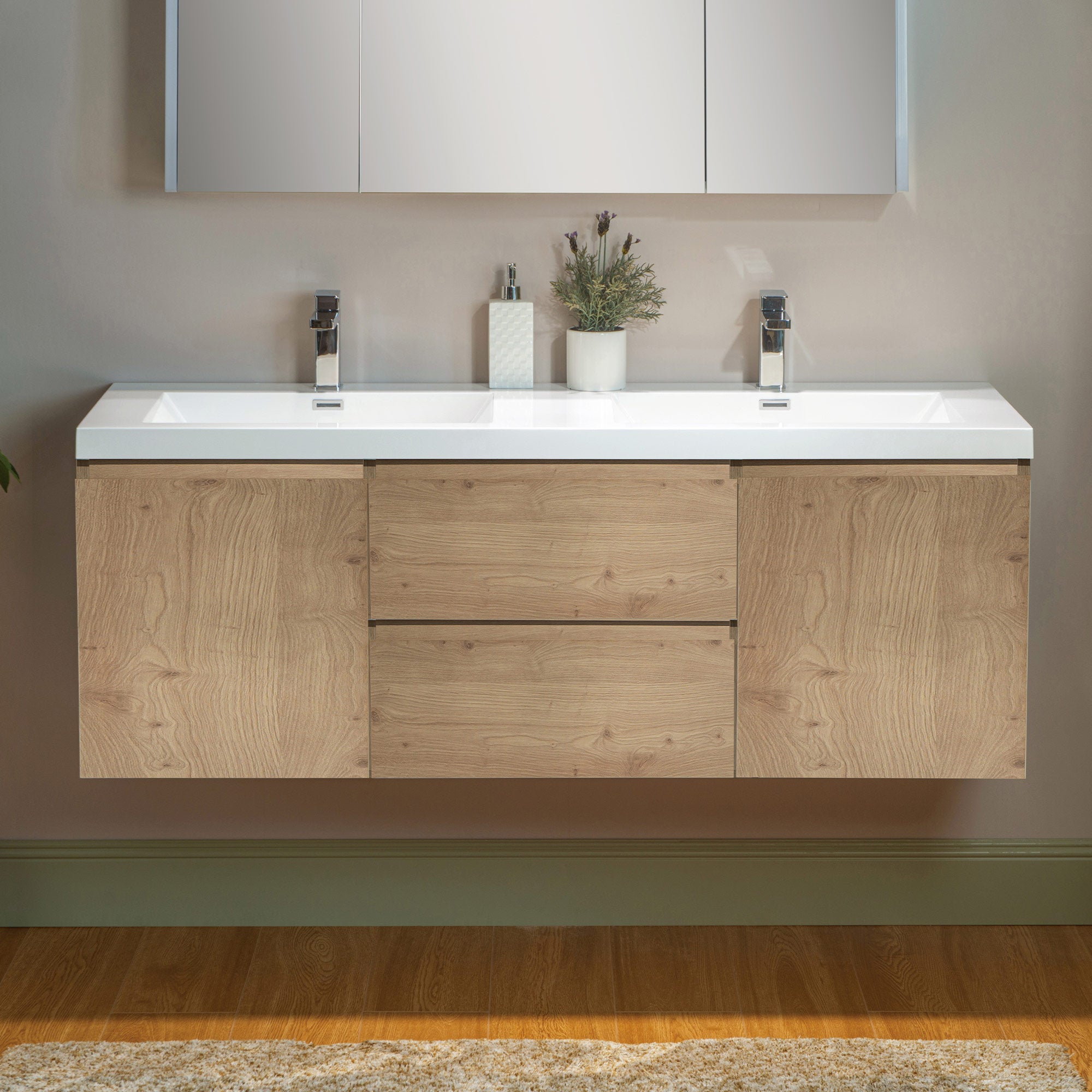 WOODBRIDGE 23-5/8 in. W x 19-5/8 in. D Wall Mounted Floating Vanity in Natural Oak with Resin Composite Vanity Top in Glossy White
