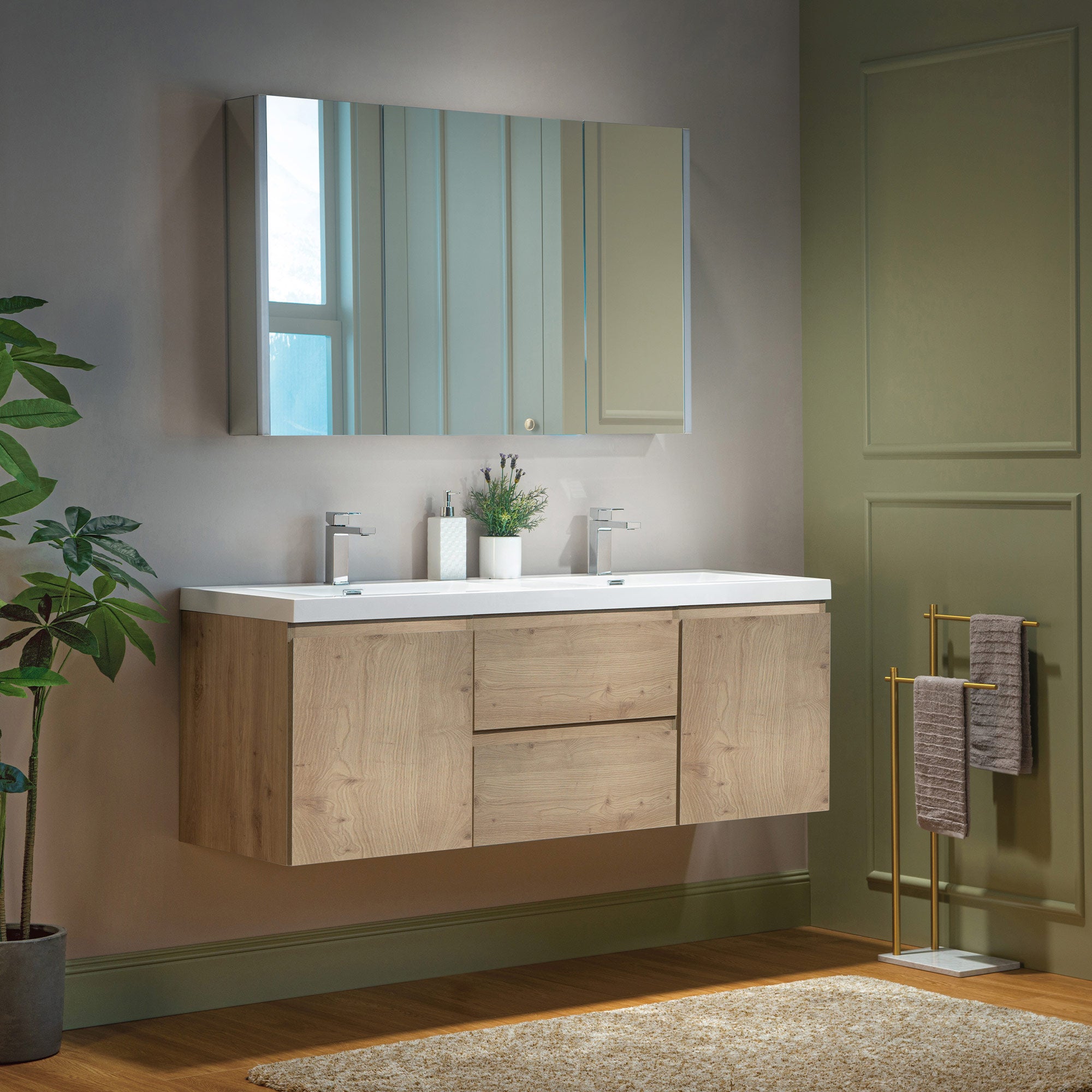 WOODBRIDGE 23-5/8 in. W x 19-5/8 in. D Wall Mounted Floating Vanity in Natural Oak with Resin Composite Vanity Top in Glossy White