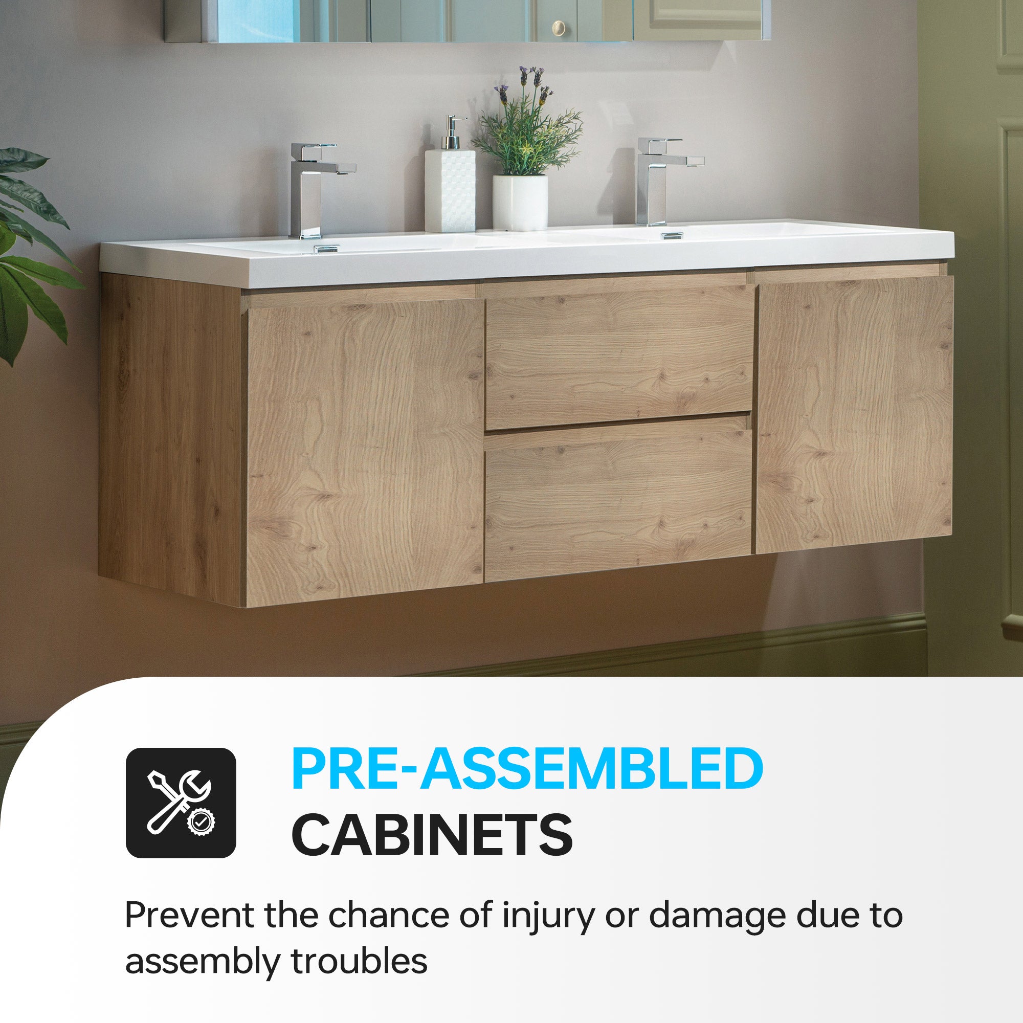WOODBRIDGE 23-5/8 in. W x 19-5/8 in. D Wall Mounted Floating Vanity in Natural Oak with Resin Composite Vanity Top in Glossy White