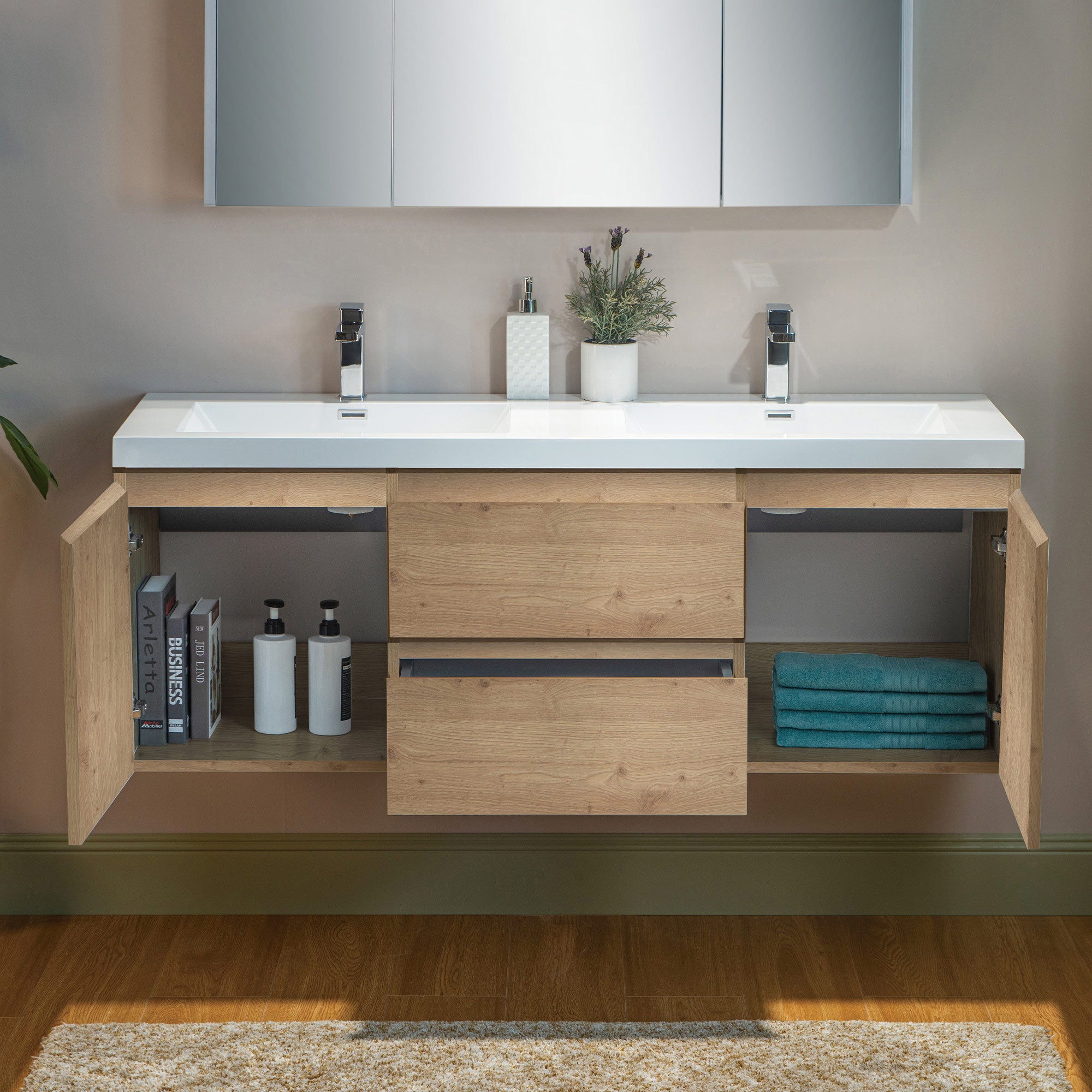 WOODBRIDGE 23-5/8 in. W x 19-5/8 in. D Wall Mounted Floating Vanity in Natural Oak with Resin Composite Vanity Top in Glossy White