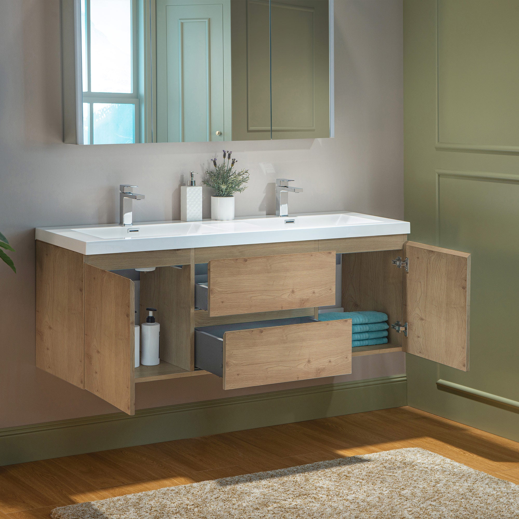 WOODBRIDGE 23-5/8 in. W x 19-5/8 in. D Wall Mounted Floating Vanity in Natural Oak with Resin Composite Vanity Top in Glossy White