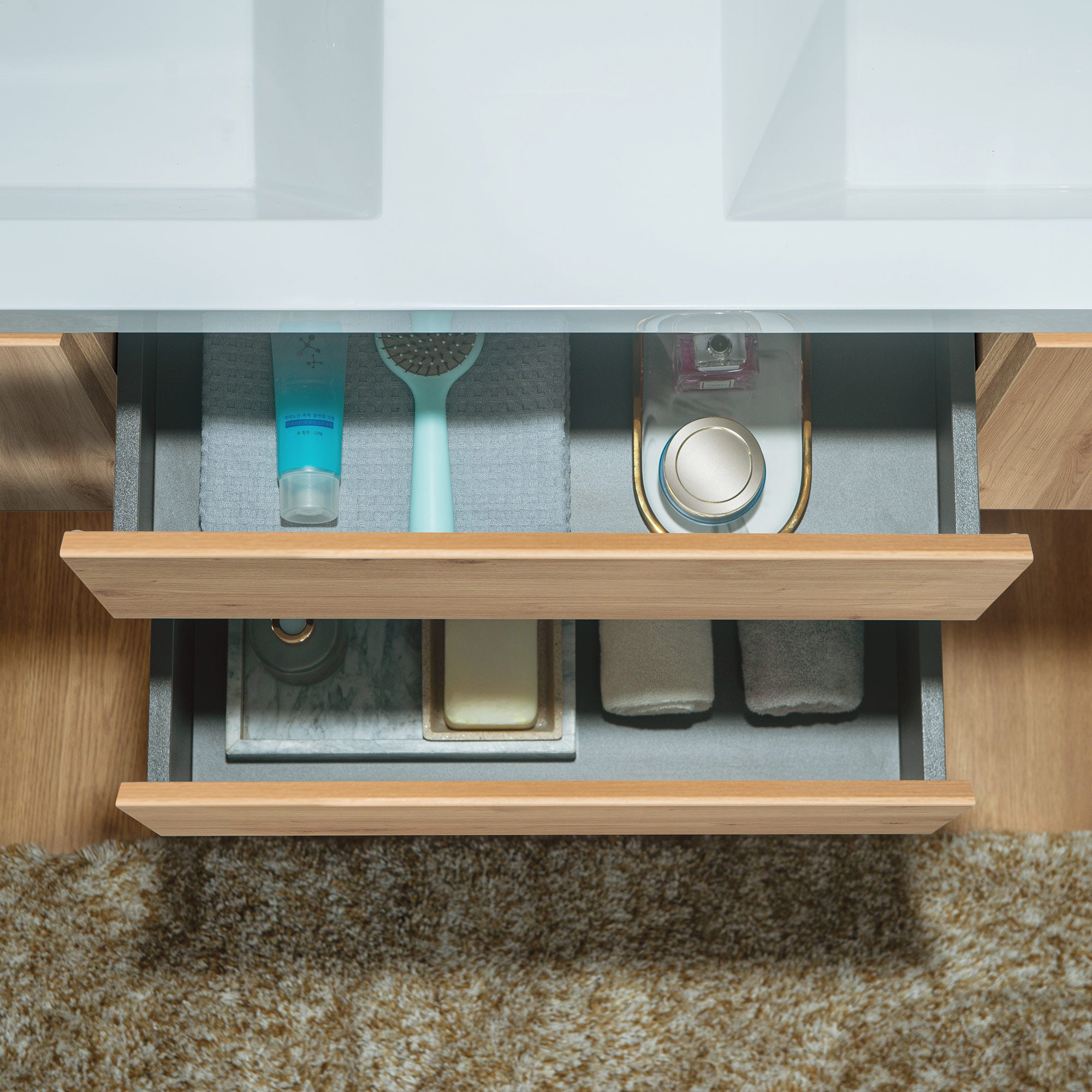 WOODBRIDGE 23-5/8 in. W x 19-5/8 in. D Wall Mounted Floating Vanity in Natural Oak with Resin Composite Vanity Top in Glossy White