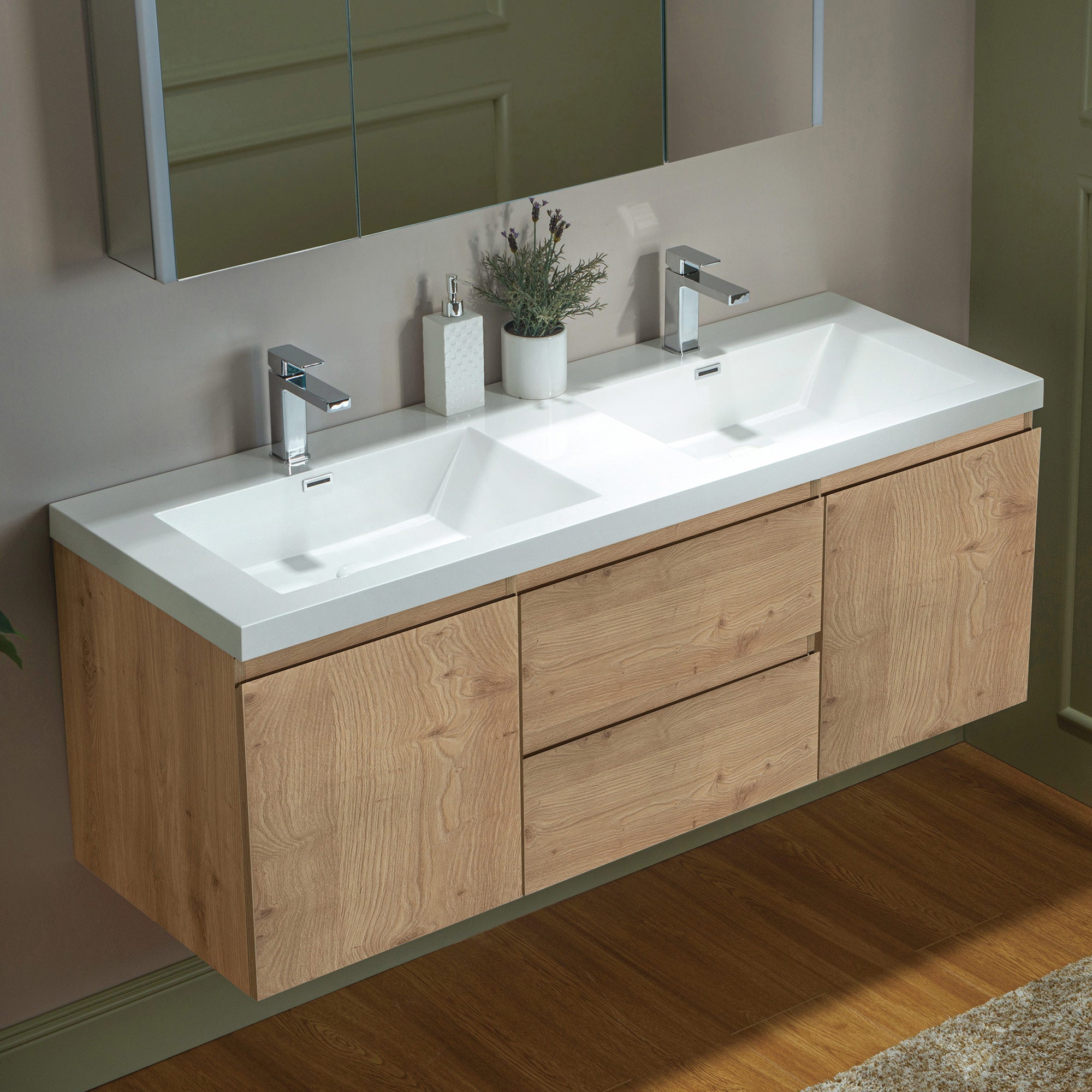 WOODBRIDGE 23-5/8 in. W x 19-5/8 in. D Wall Mounted Floating Vanity in Natural Oak with Resin Composite Vanity Top in Glossy White