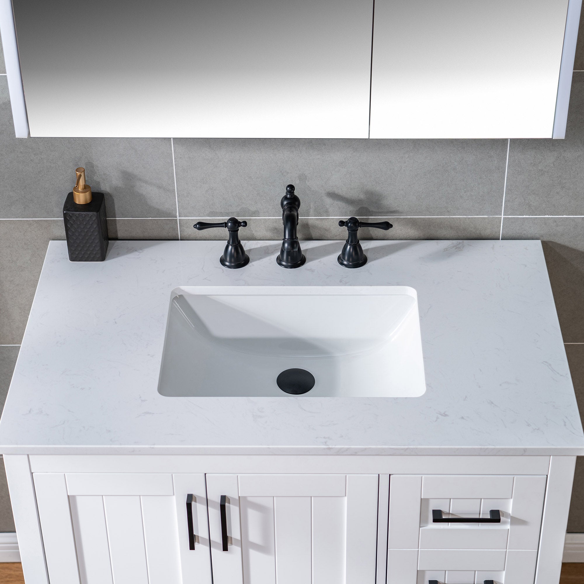 WOODBRIDGE 35-7/8" Floor Mounted Freestanding Single Basin Vanity Set with Rubberwood Cabinet and Stone Vanity Top with Pre-installed Undermount Rectangle Bathroom Sink, Pre-Drilled 3-hole for 8-inch Widespread Faucet, DOVER-36-WH