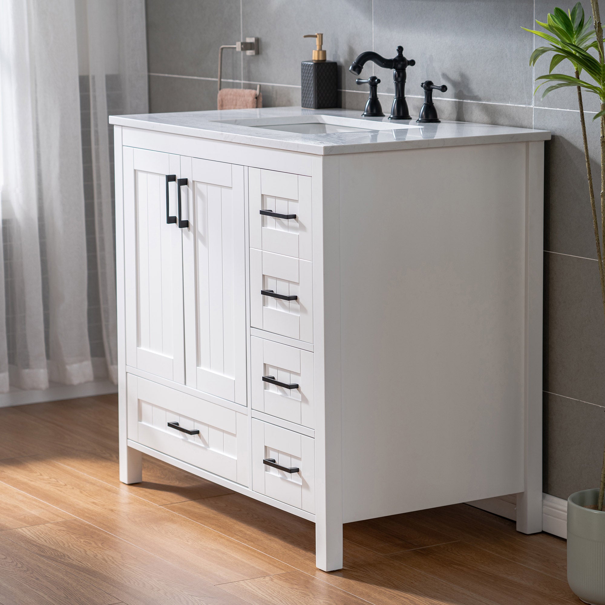 WOODBRIDGE 35-7/8" Floor Mounted Freestanding Single Basin Vanity Set with Rubberwood Cabinet and Stone Vanity Top with Pre-installed Undermount Rectangle Bathroom Sink, Pre-Drilled 3-hole for 8-inch Widespread Faucet, DOVER-36-WH