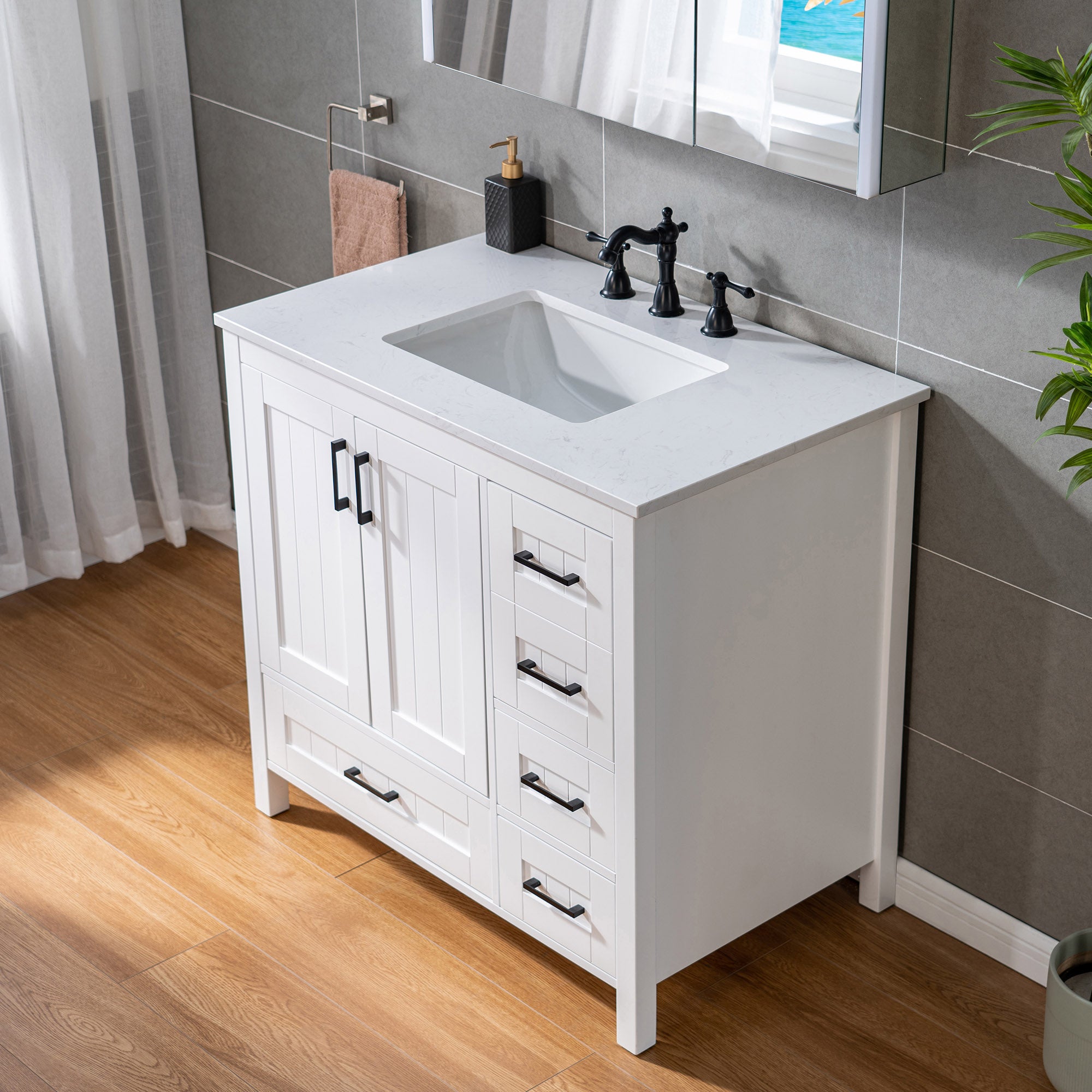 WOODBRIDGE 35-7/8" Floor Mounted Freestanding Single Basin Vanity Set with Rubberwood Cabinet and Stone Vanity Top with Pre-installed Undermount Rectangle Bathroom Sink, Pre-Drilled 3-hole for 8-inch Widespread Faucet, DOVER-36-WH