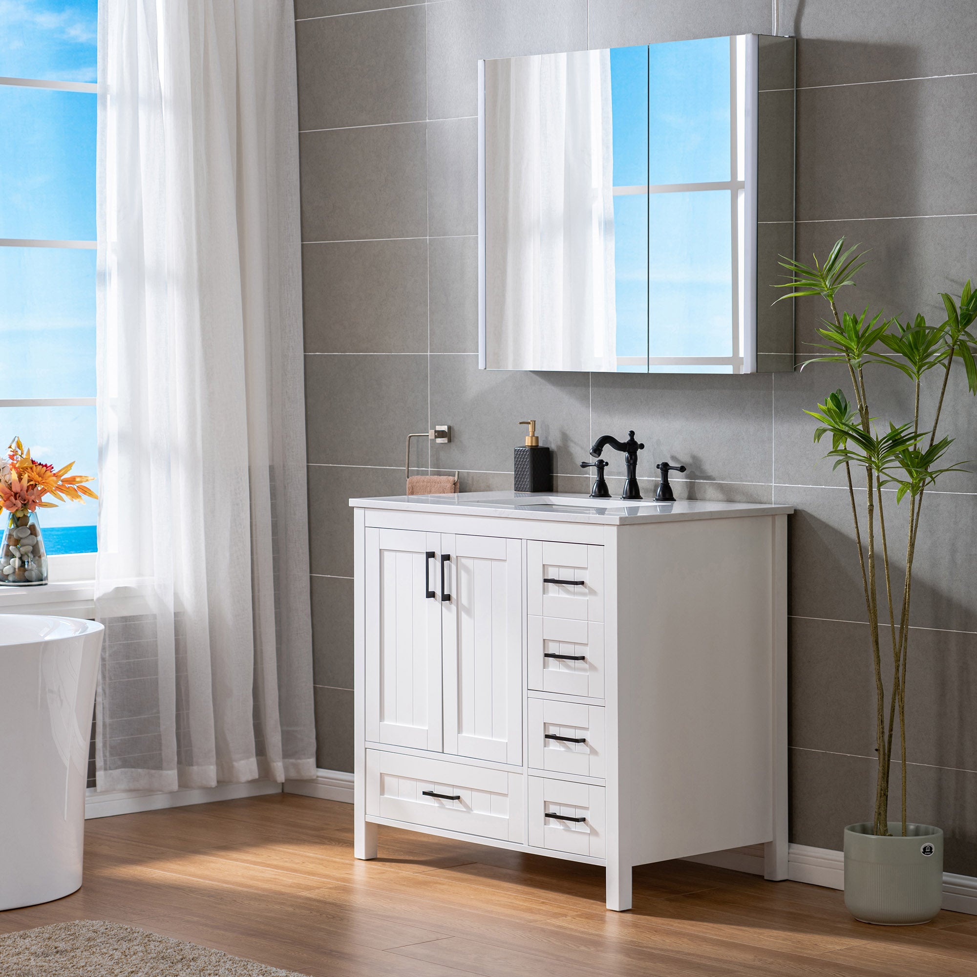 WOODBRIDGE 35-7/8" Floor Mounted Freestanding Single Basin Vanity Set with Rubberwood Cabinet and Stone Vanity Top with Pre-installed Undermount Rectangle Bathroom Sink, Pre-Drilled 3-hole for 8-inch Widespread Faucet, DOVER-36-WH