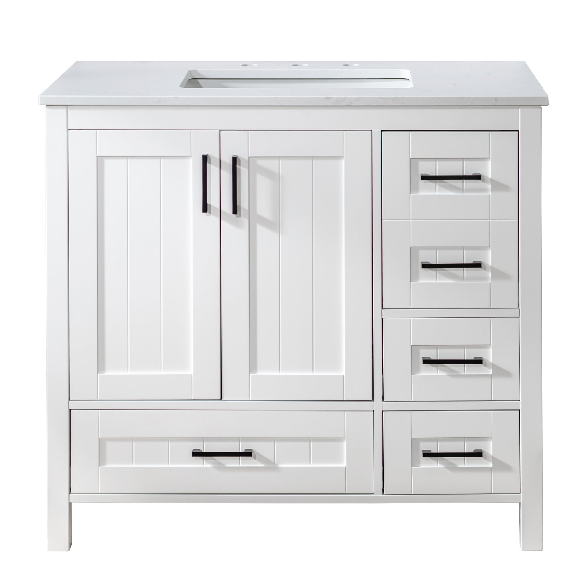WOODBRIDGE 35-7/8" Floor Mounted Freestanding Single Basin Vanity Set with Rubberwood Cabinet and Stone Vanity Top with Pre-installed Undermount Rectangle Bathroom Sink, Pre-Drilled 3-hole for 8-inch Widespread Faucet, DOVER-36-WH