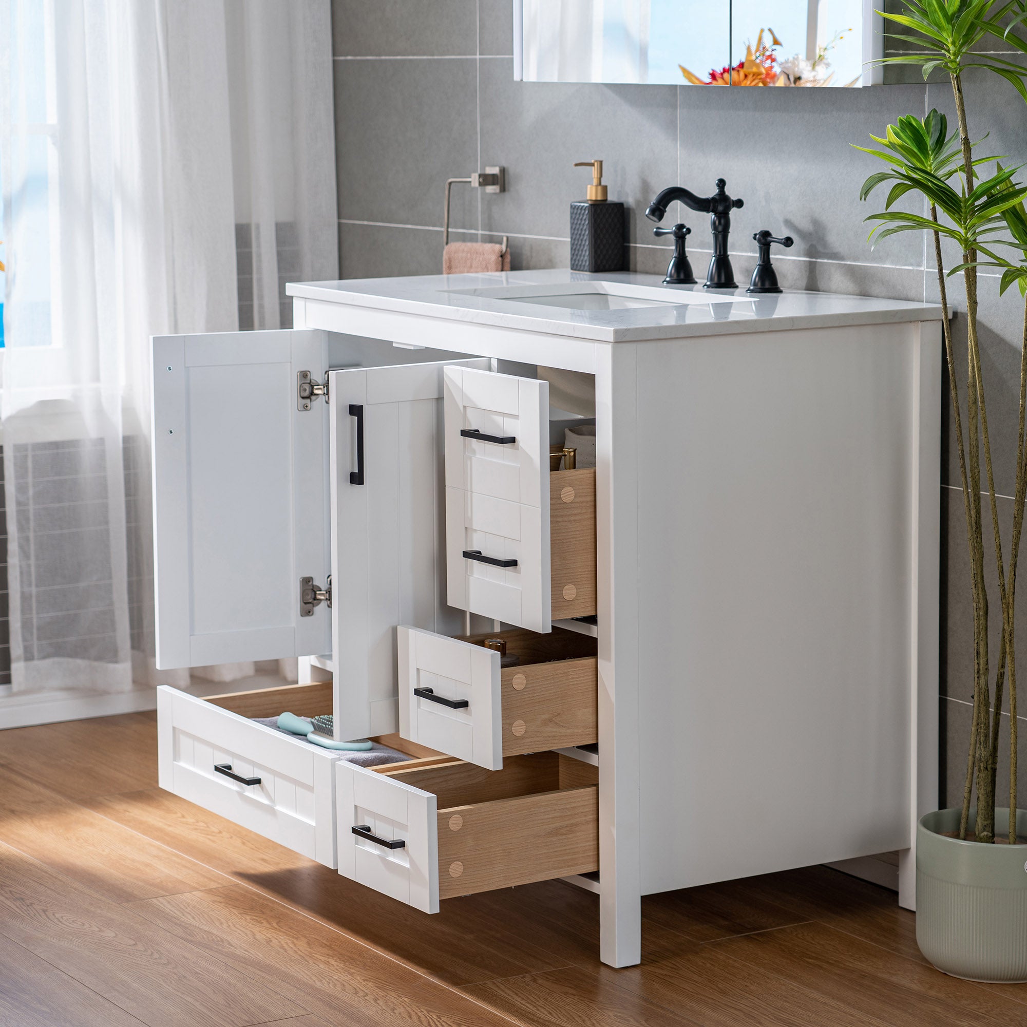 WOODBRIDGE 35-7/8" Floor Mounted Freestanding Single Basin Vanity Set with Rubberwood Cabinet and Stone Vanity Top with Pre-installed Undermount Rectangle Bathroom Sink, Pre-Drilled 3-hole for 8-inch Widespread Faucet, DOVER-36-WH