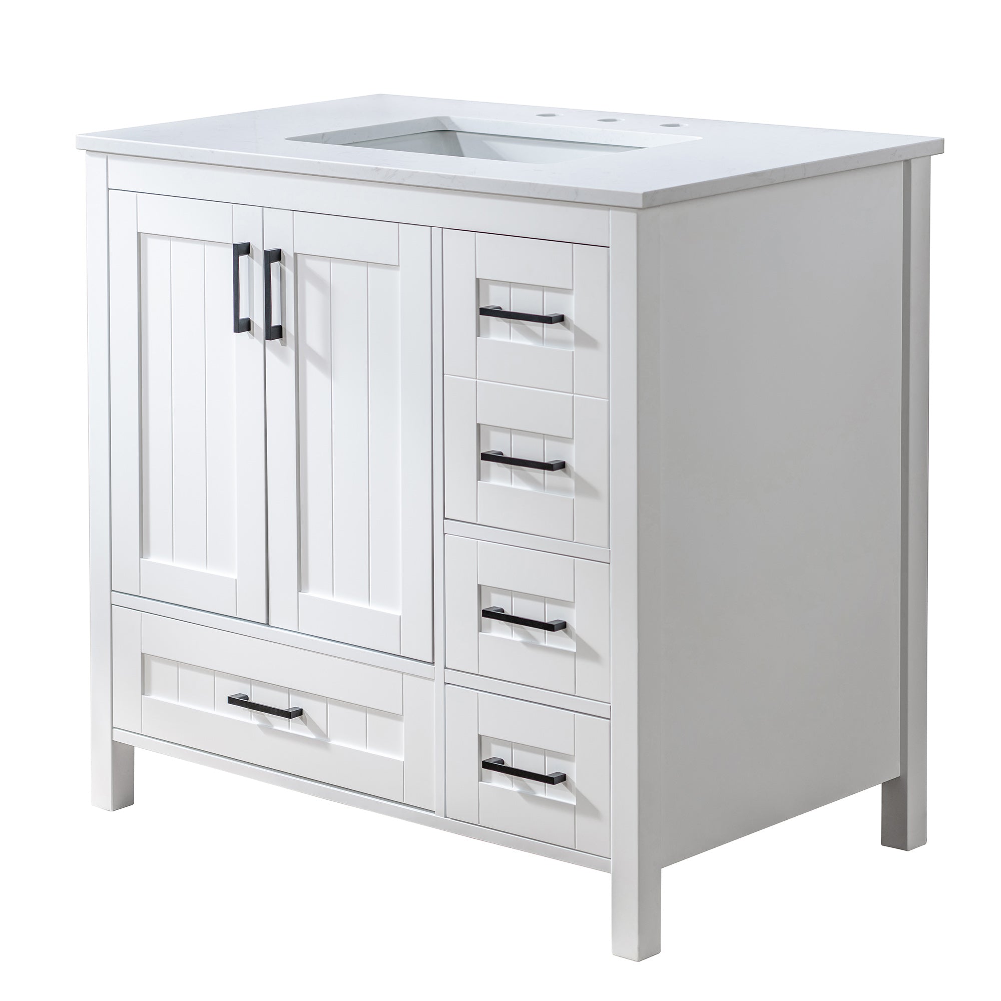 WOODBRIDGE 35-7/8" Floor Mounted Freestanding Single Basin Vanity Set with Rubberwood Cabinet and Stone Vanity Top with Pre-installed Undermount Rectangle Bathroom Sink, Pre-Drilled 3-hole for 8-inch Widespread Faucet, DOVER-36-WH