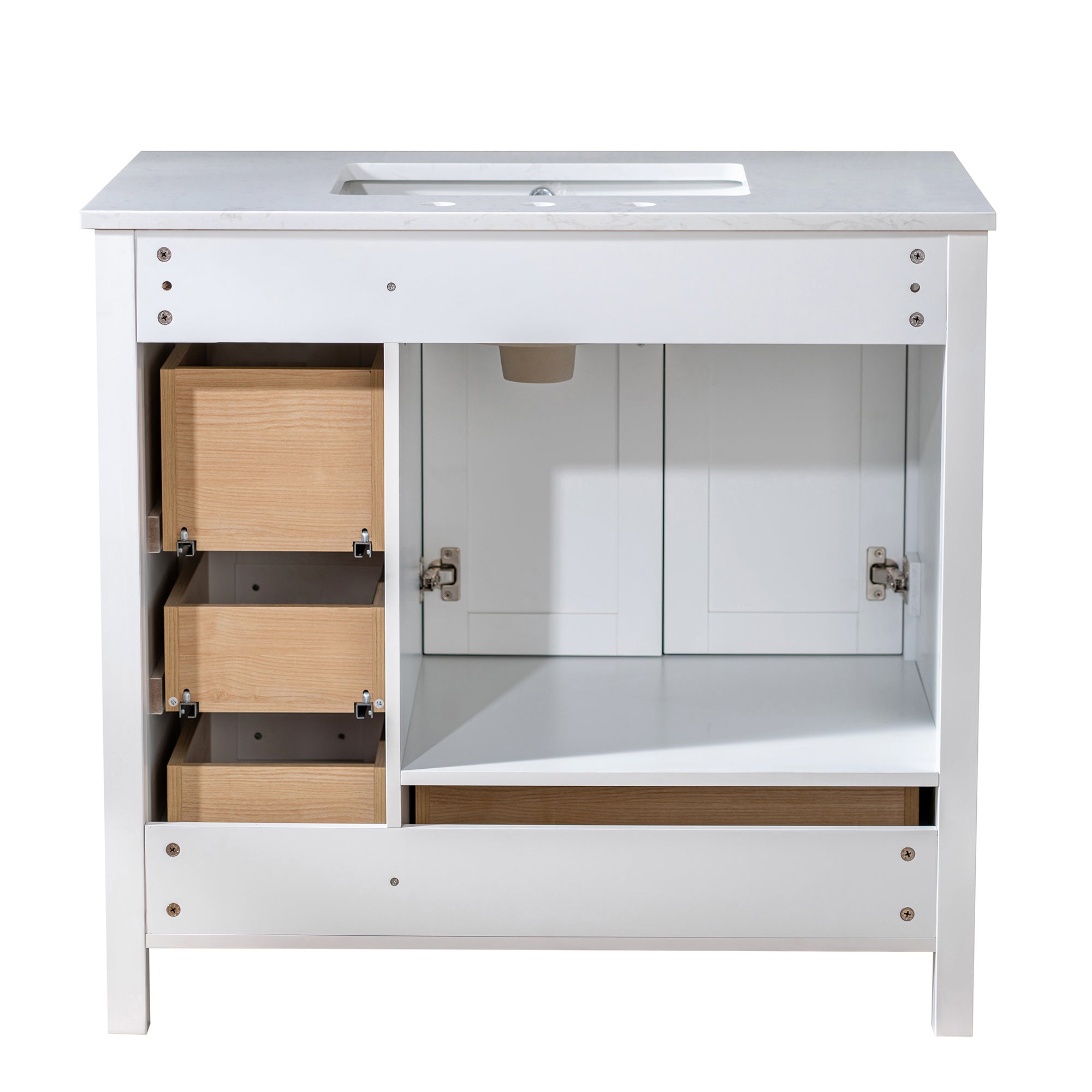 WOODBRIDGE 35-7/8" Floor Mounted Freestanding Single Basin Vanity Set with Rubberwood Cabinet and Stone Vanity Top with Pre-installed Undermount Rectangle Bathroom Sink, Pre-Drilled 3-hole for 8-inch Widespread Faucet, DOVER-36-WH