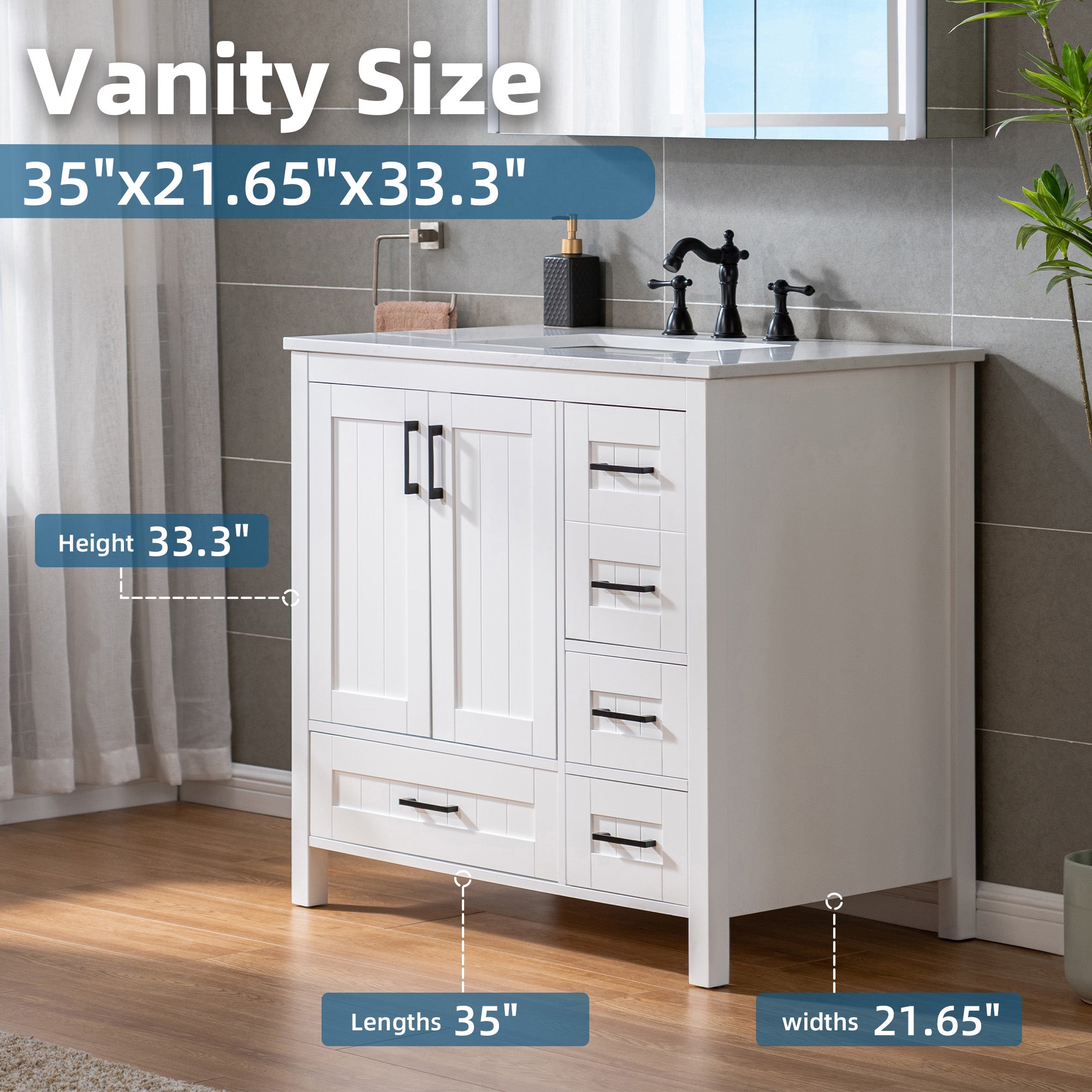 WOODBRIDGE 35-7/8" Floor Mounted Freestanding Single Basin Vanity Set with Rubberwood Cabinet and Stone Vanity Top with Pre-installed Undermount Rectangle Bathroom Sink, Pre-Drilled 3-hole for 8-inch Widespread Faucet, DOVER-36-WH