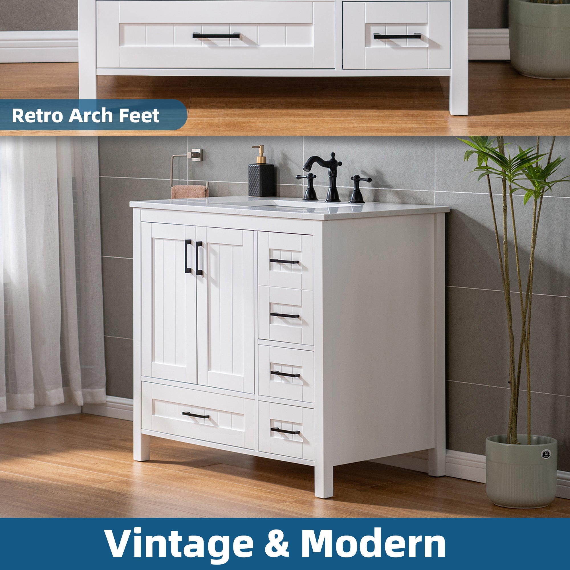 WOODBRIDGE 35-7/8" Floor Mounted Freestanding Single Basin Vanity Set with Rubberwood Cabinet and Stone Vanity Top with Pre-installed Undermount Rectangle Bathroom Sink, Pre-Drilled 3-hole for 8-inch Widespread Faucet, DOVER-36-WH