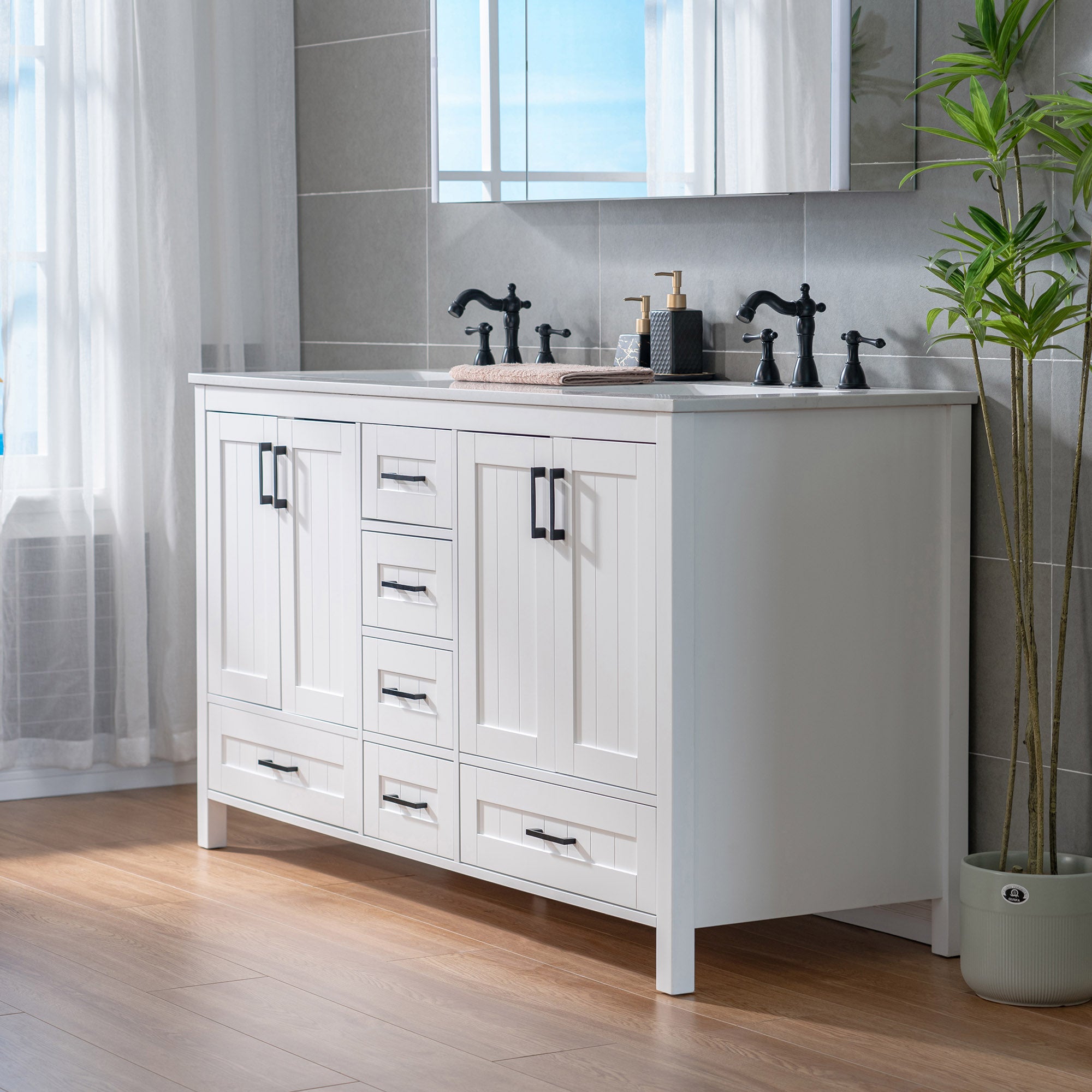 WOODBRIDGE 35-7/8" Floor Mounted Freestanding Single Basin Vanity Set with Rubberwood Cabinet and Stone Vanity Top with Pre-installed Undermount Rectangle Bathroom Sink, Pre-Drilled 3-hole for 8-inch Widespread Faucet, DOVER-36-WH