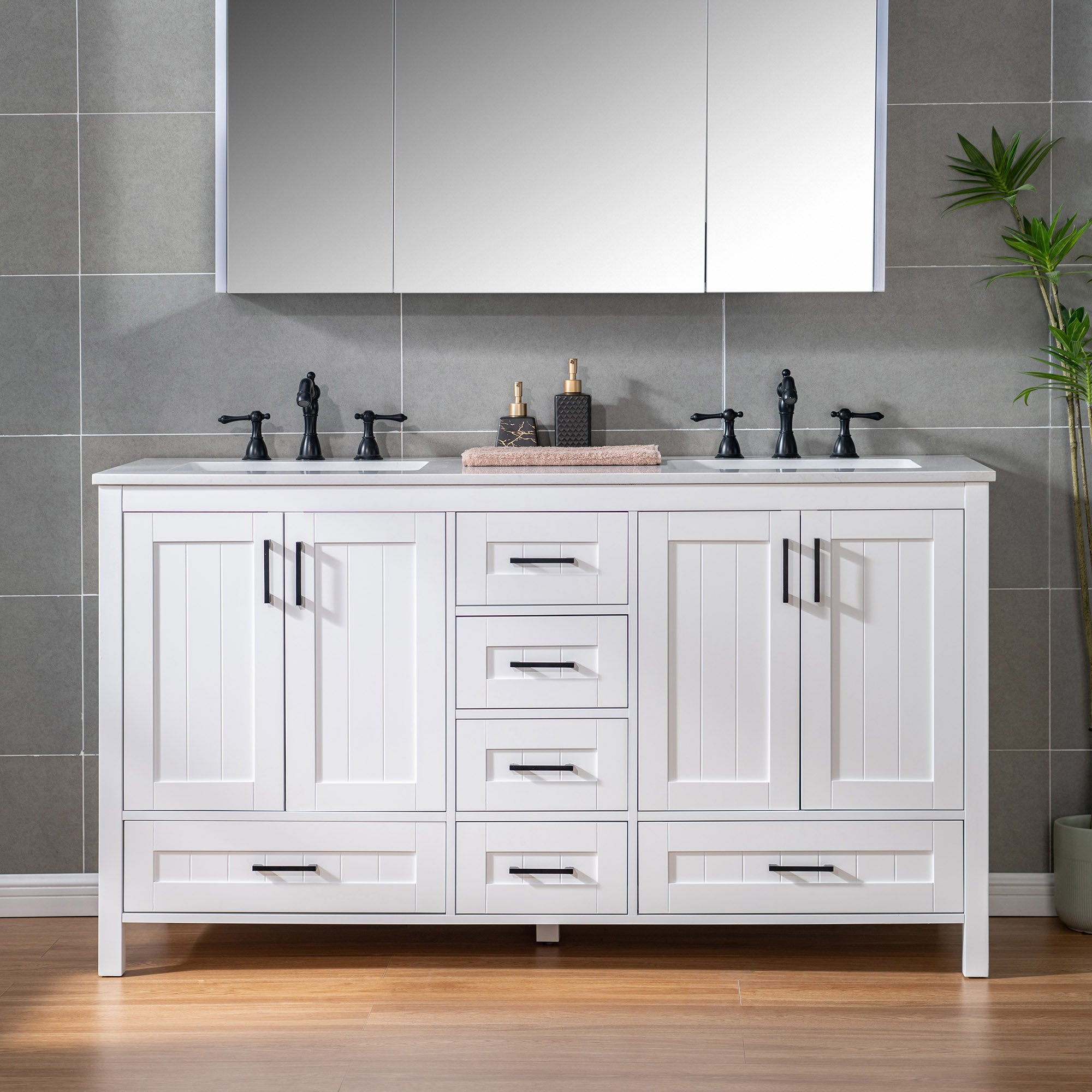 WOODBRIDGE 35-7/8" Floor Mounted Freestanding Single Basin Vanity Set with Rubberwood Cabinet and Stone Vanity Top with Pre-installed Undermount Rectangle Bathroom Sink, Pre-Drilled 3-hole for 8-inch Widespread Faucet, DOVER-36-WH
