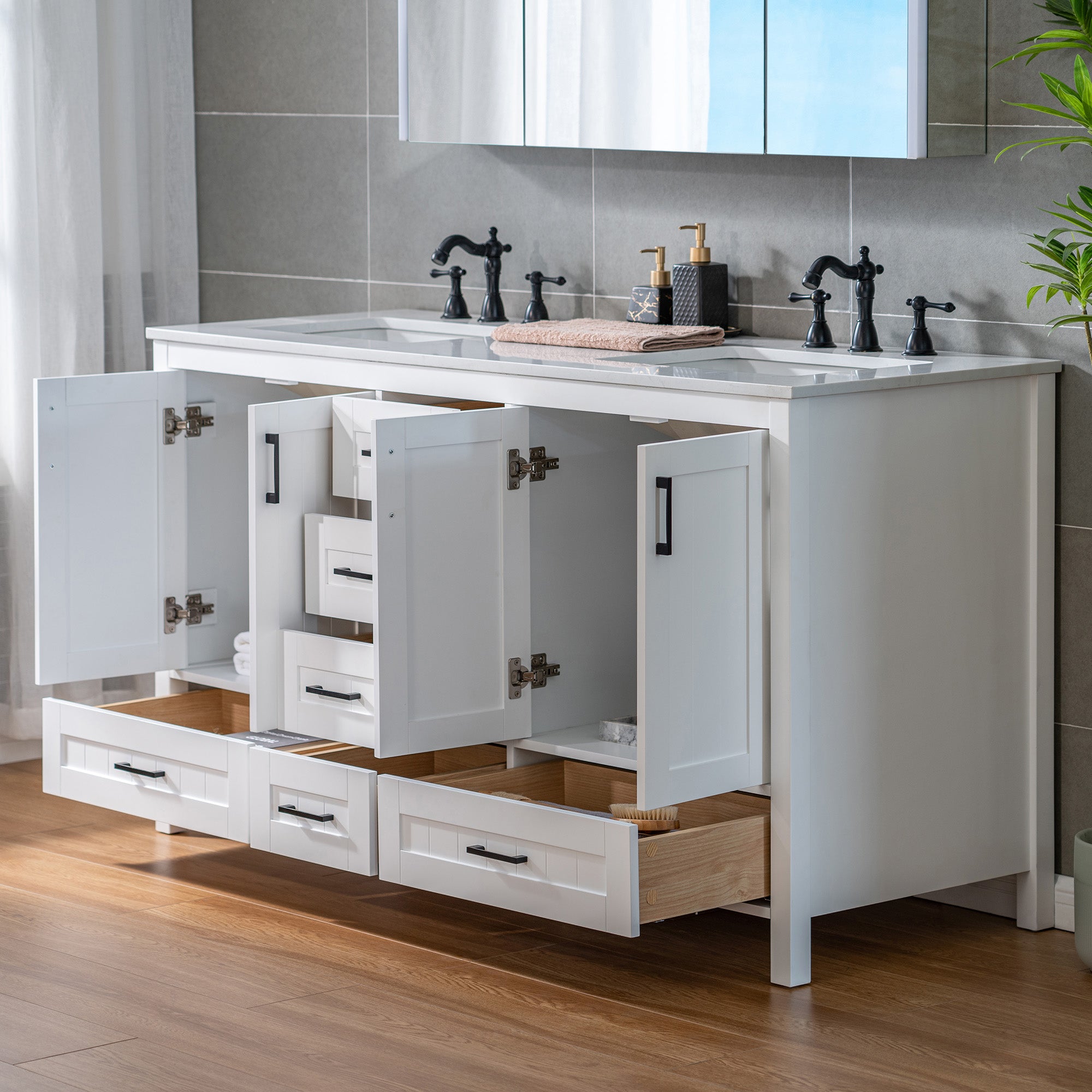 WOODBRIDGE 35-7/8" Floor Mounted Freestanding Single Basin Vanity Set with Rubberwood Cabinet and Stone Vanity Top with Pre-installed Undermount Rectangle Bathroom Sink, Pre-Drilled 3-hole for 8-inch Widespread Faucet, DOVER-36-WH