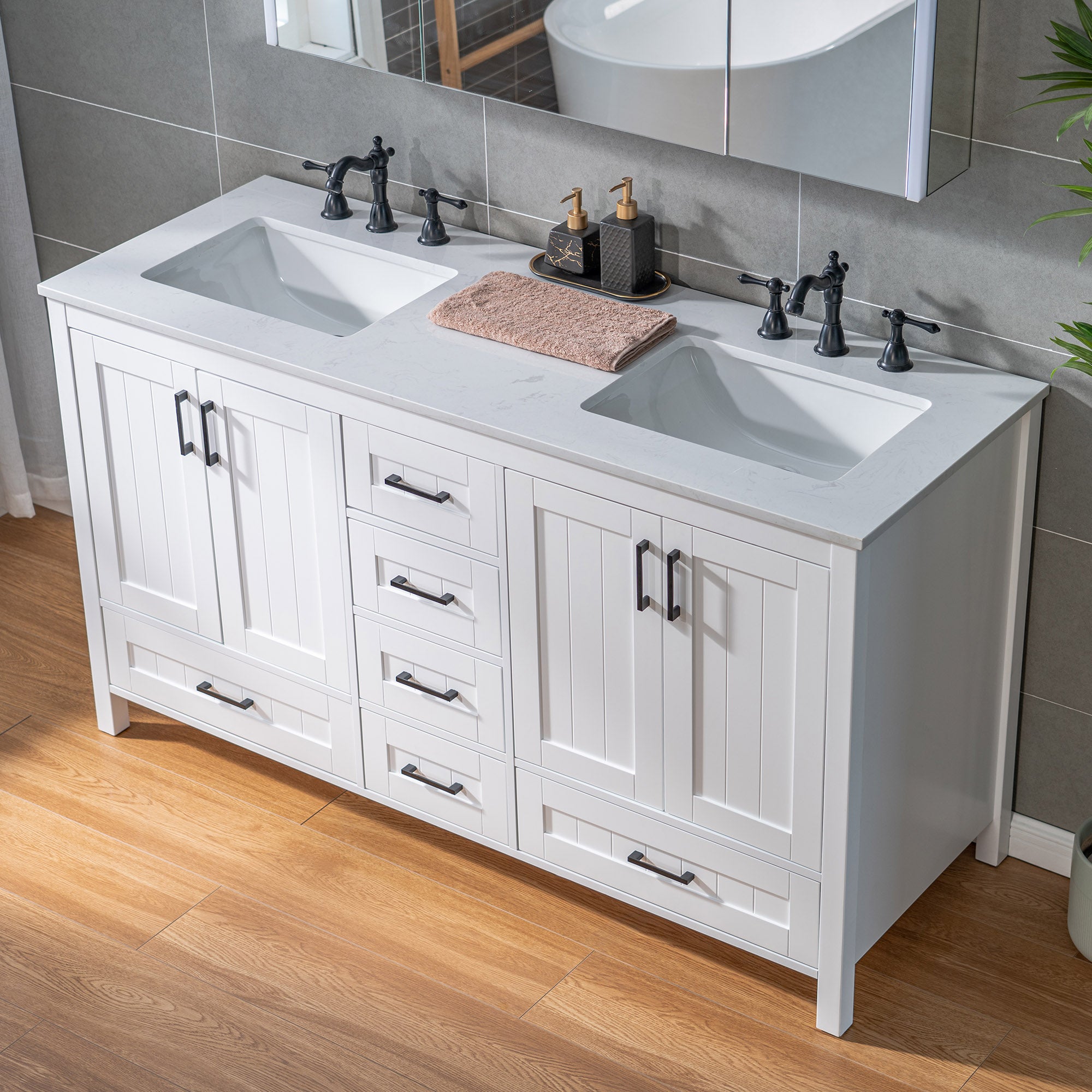WOODBRIDGE 35-7/8" Floor Mounted Freestanding Single Basin Vanity Set with Rubberwood Cabinet and Stone Vanity Top with Pre-installed Undermount Rectangle Bathroom Sink, Pre-Drilled 3-hole for 8-inch Widespread Faucet, DOVER-36-WH