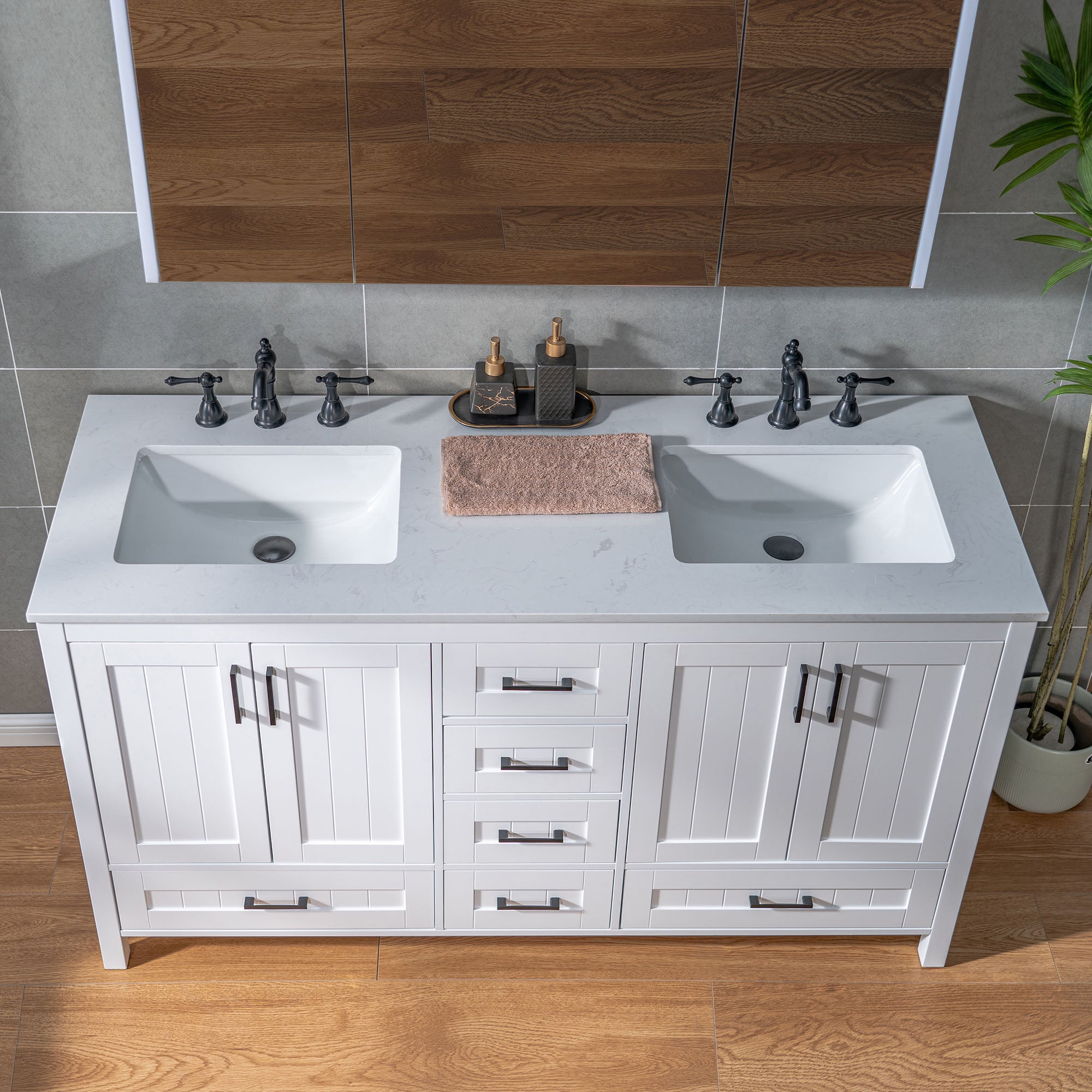 WOODBRIDGE 35-7/8" Floor Mounted Freestanding Single Basin Vanity Set with Rubberwood Cabinet and Stone Vanity Top with Pre-installed Undermount Rectangle Bathroom Sink, Pre-Drilled 3-hole for 8-inch Widespread Faucet, DOVER-36-WH