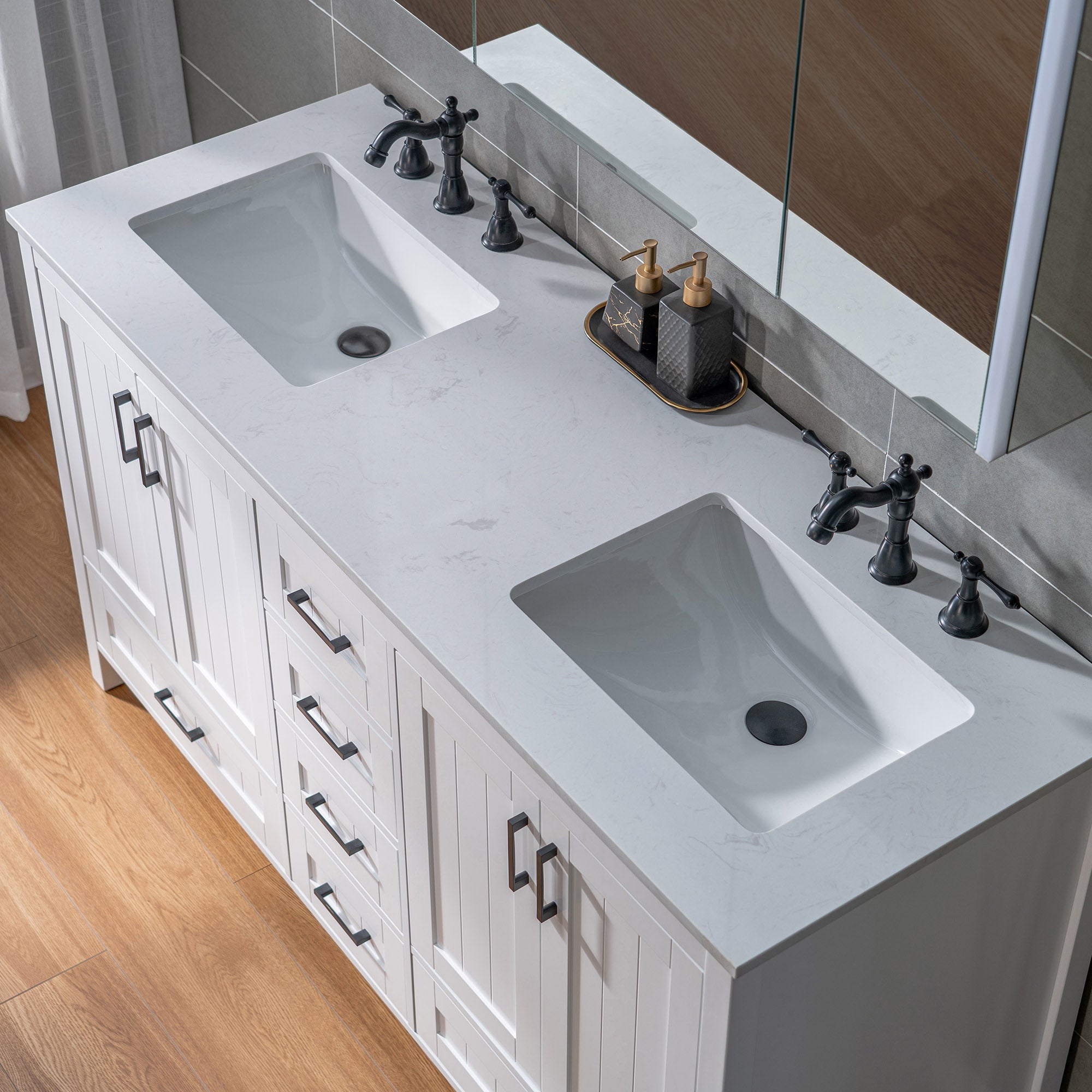 WOODBRIDGE 35-7/8" Floor Mounted Freestanding Single Basin Vanity Set with Rubberwood Cabinet and Stone Vanity Top with Pre-installed Undermount Rectangle Bathroom Sink, Pre-Drilled 3-hole for 8-inch Widespread Faucet, DOVER-36-WH