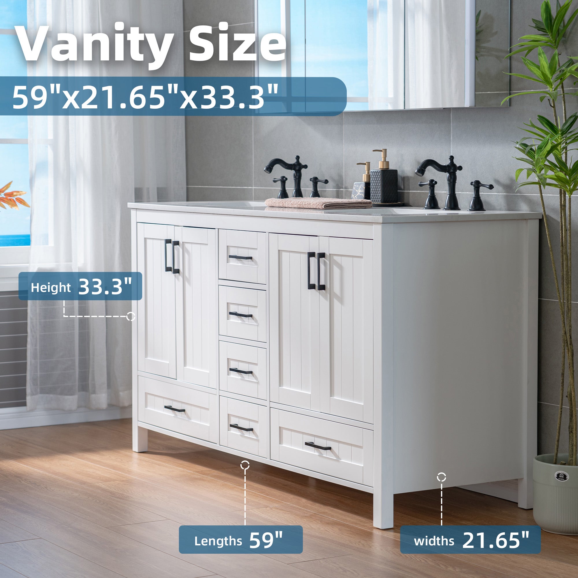WOODBRIDGE 35-7/8" Floor Mounted Freestanding Single Basin Vanity Set with Rubberwood Cabinet and Stone Vanity Top with Pre-installed Undermount Rectangle Bathroom Sink, Pre-Drilled 3-hole for 8-inch Widespread Faucet, DOVER-36-WH