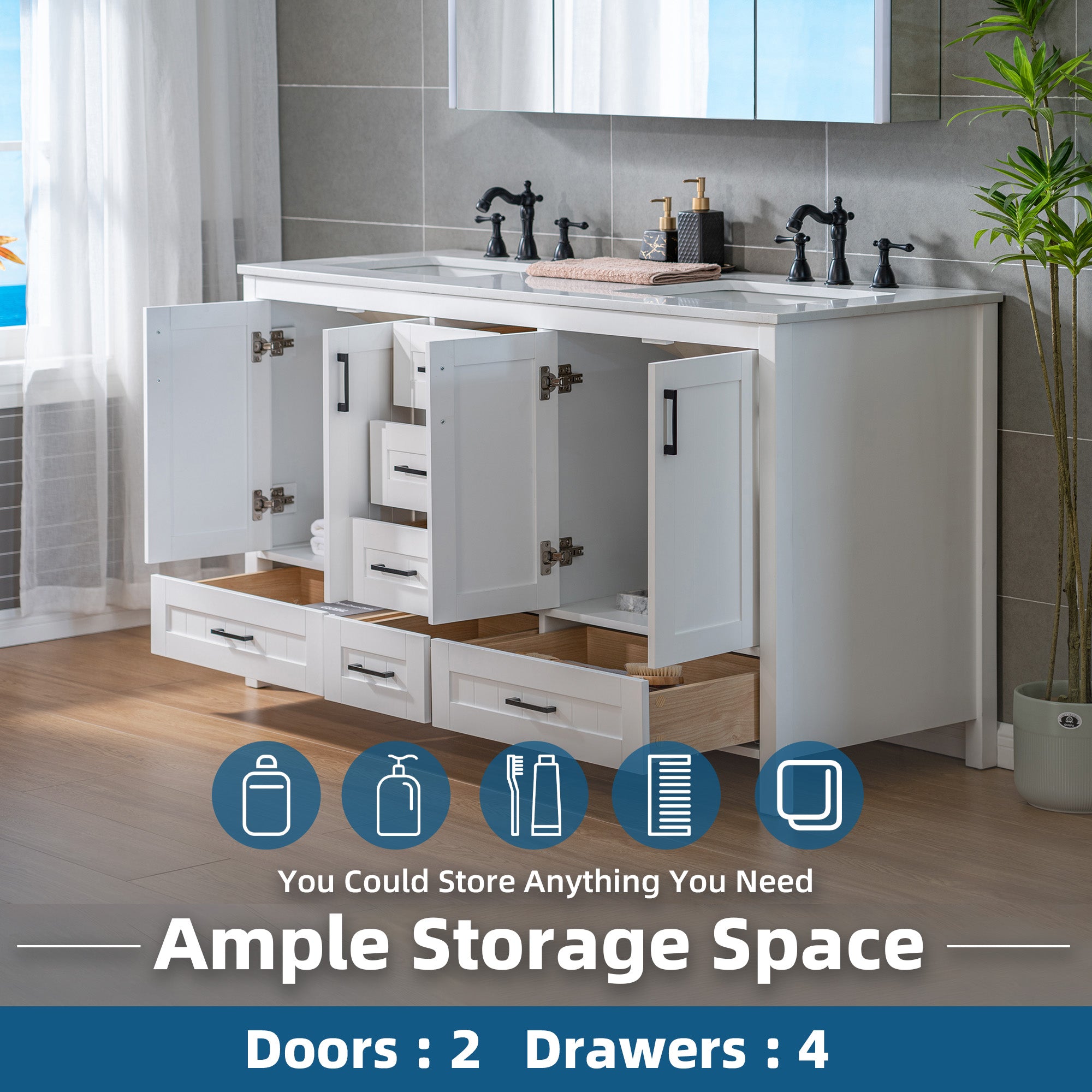 WOODBRIDGE 35-7/8" Floor Mounted Freestanding Single Basin Vanity Set with Rubberwood Cabinet and Stone Vanity Top with Pre-installed Undermount Rectangle Bathroom Sink, Pre-Drilled 3-hole for 8-inch Widespread Faucet, DOVER-36-WH