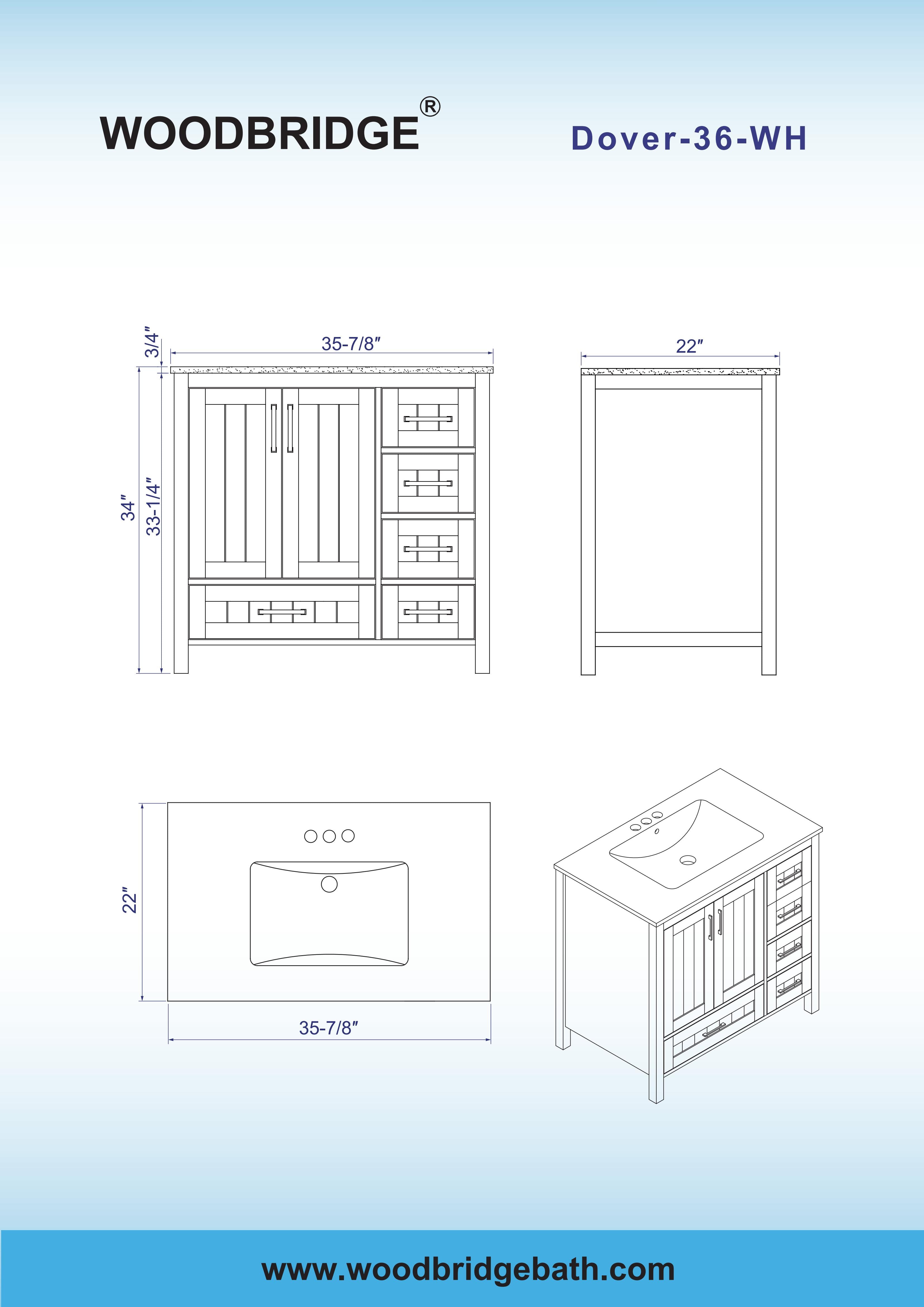 WOODBRIDGE 35-7/8" Floor Mounted Freestanding Single Basin Vanity Set with Rubberwood Cabinet and Stone Vanity Top with Pre-installed Undermount Rectangle Bathroom Sink, Pre-Drilled 3-hole for 8-inch Widespread Faucet, DOVER-36-WH