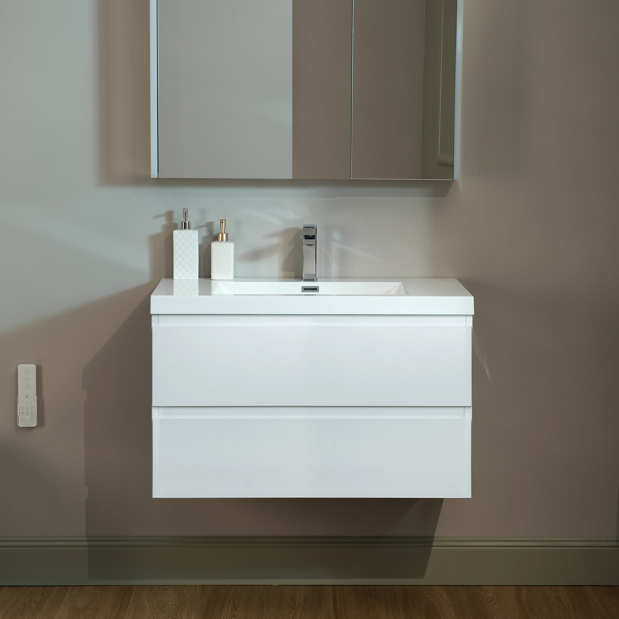 WOODBRIDGE 23-5/8 in. W x 19-5/8 in. D Wall Mounted Floating Vanity in Glossy White with Resin Composite Vanity Top in Glossy White