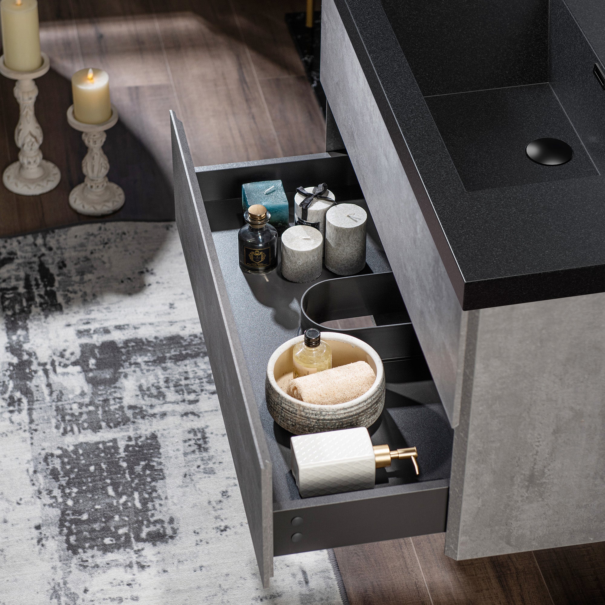 WOODBRIDGE 23-5/8 in. W x 19-5/8 in. D Wall Mounted Floating Bathroom Vanity in Gray with Quartz Sand Composite Vanity Top in Matte Black