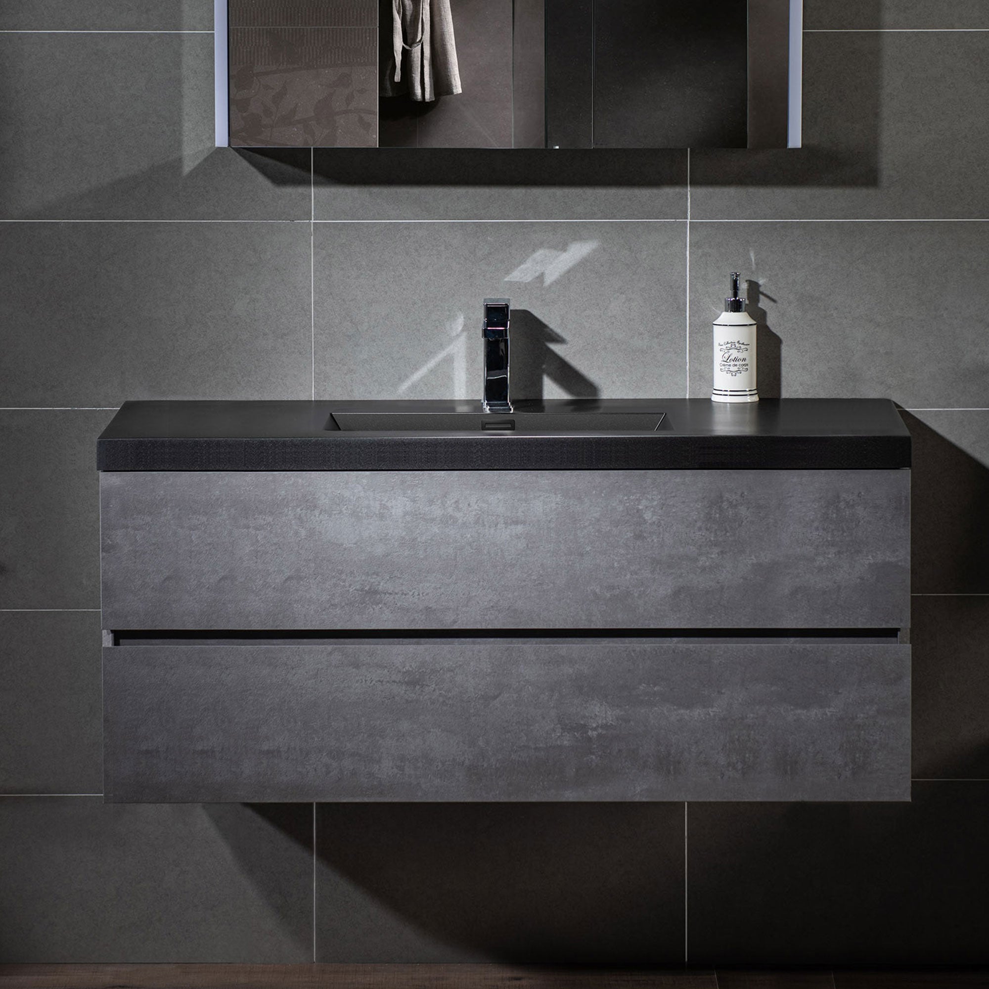 WOODBRIDGE 23-5/8 in. W x 19-5/8 in. D Wall Mounted Floating Bathroom Vanity in Gray with Quartz Sand Composite Vanity Top in Matte Black