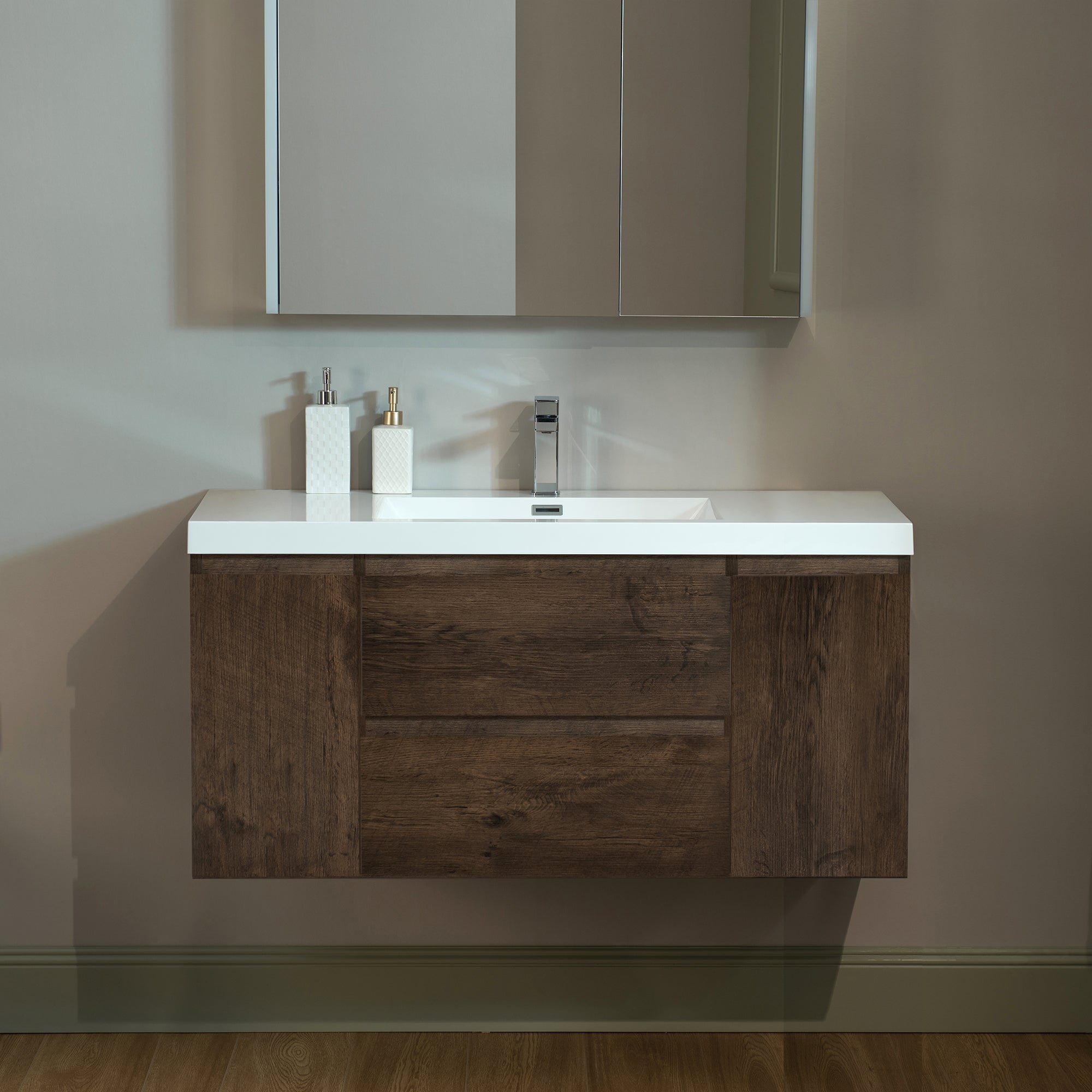WOODBRIDGE 23-5/8 in. W x 19-5/8 in. D Wall Mounted Floating Vanity in Rose Wood with Resin Composite Vanity Top in Glossy White