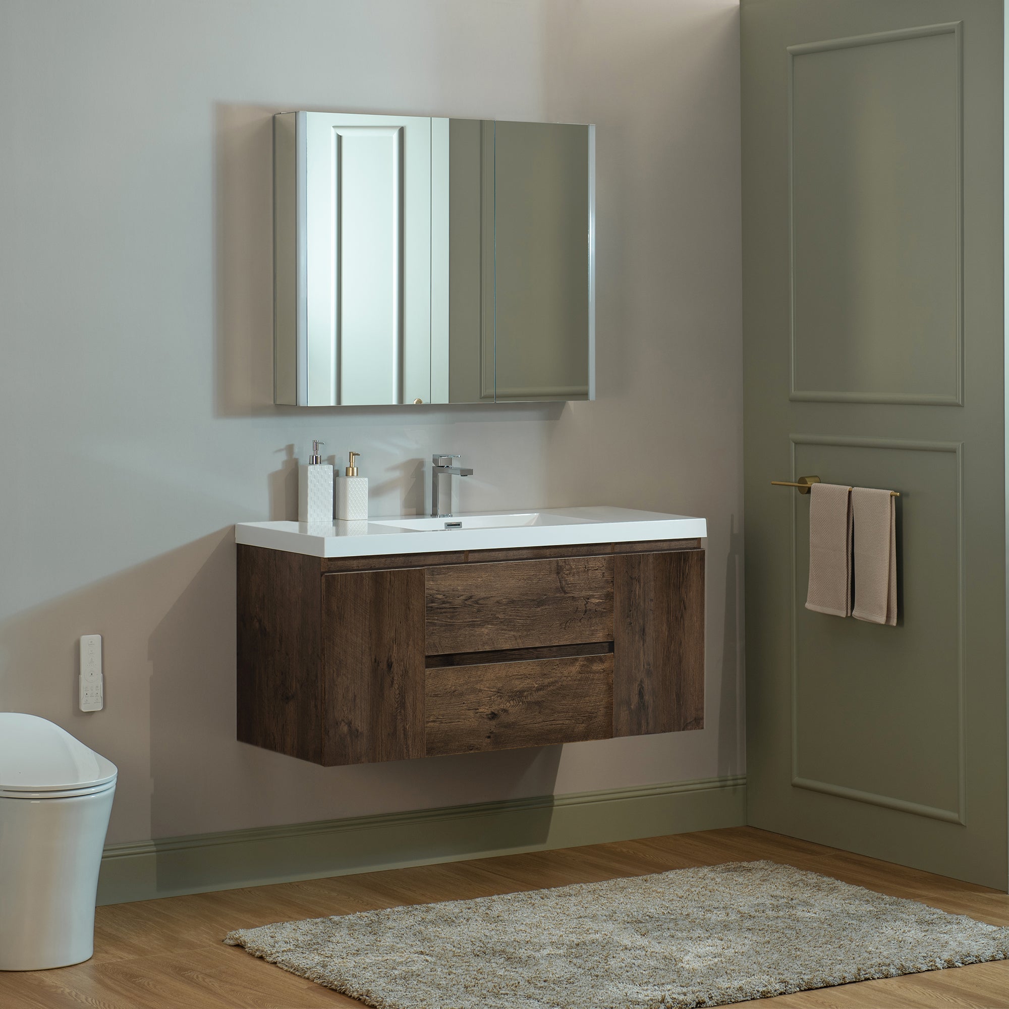 WOODBRIDGE 23-5/8 in. W x 19-5/8 in. D Wall Mounted Floating Vanity in Rose Wood with Resin Composite Vanity Top in Glossy White