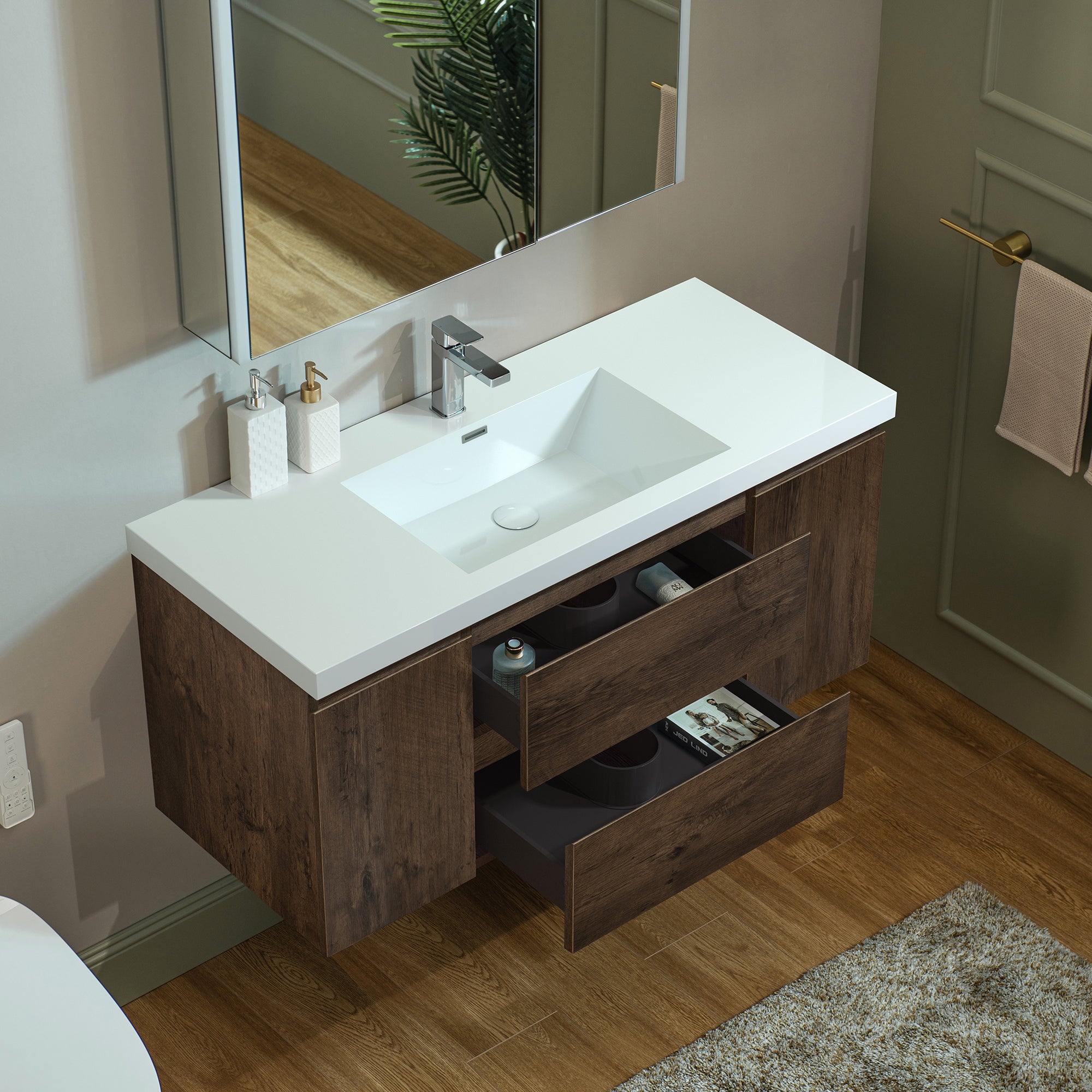 WOODBRIDGE 23-5/8 in. W x 19-5/8 in. D Wall Mounted Floating Vanity in Rose Wood with Resin Composite Vanity Top in Glossy White