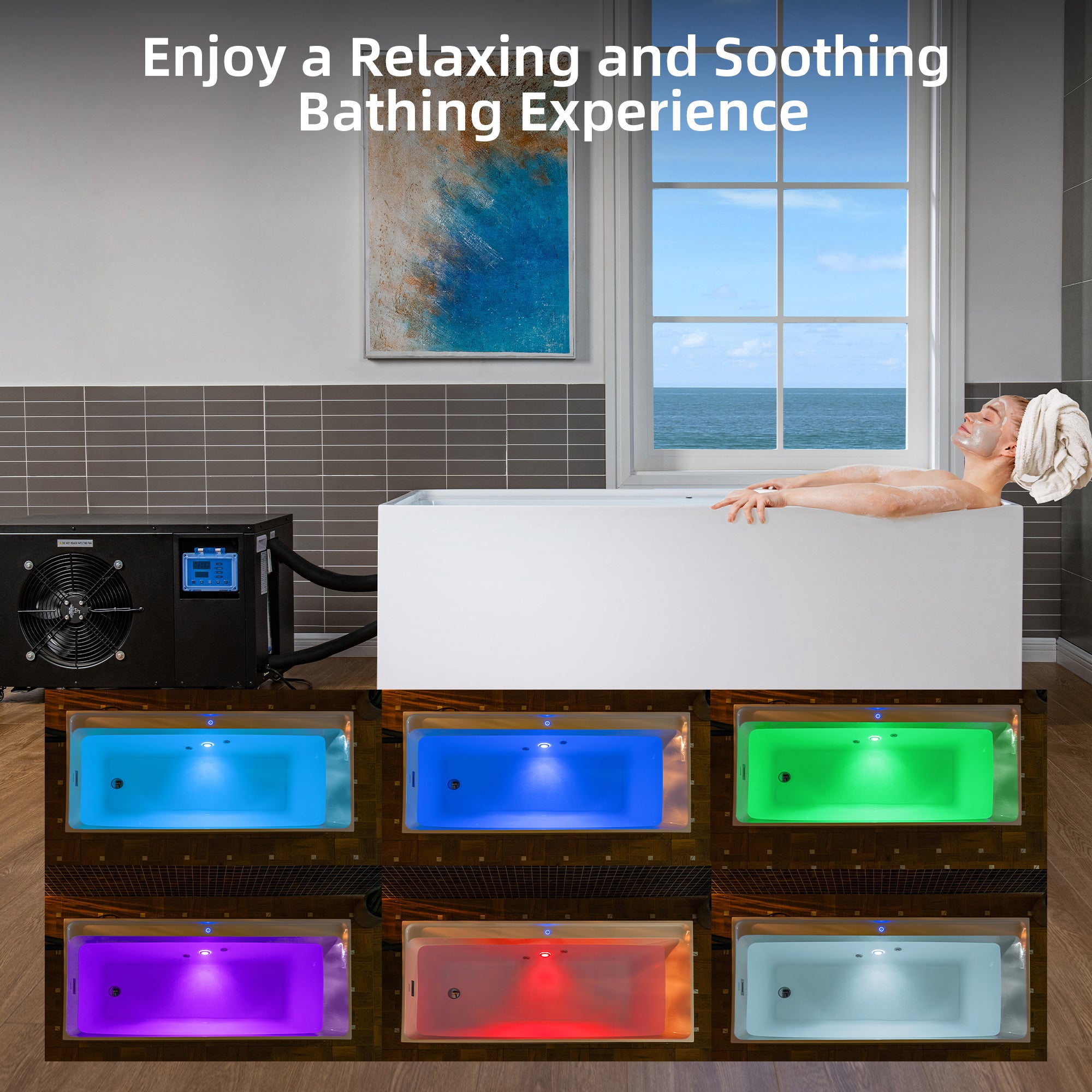WOODBRIDGE 67" L x 31-1/2" W Freestanding Acrylic Cold Plunge Ice Tub with Chiller and Heater, Ozone sanitation, Filter circulation system, Insulated tub cover